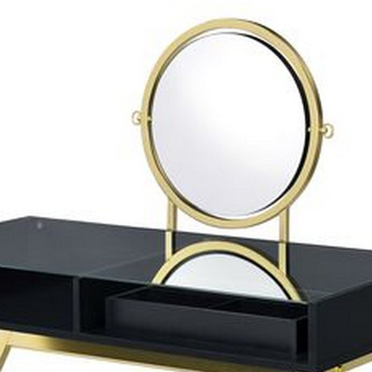 Vanity Desk With Round Mirror And Cross Metal Legs, Black And Gold- Saltoro Sherpi