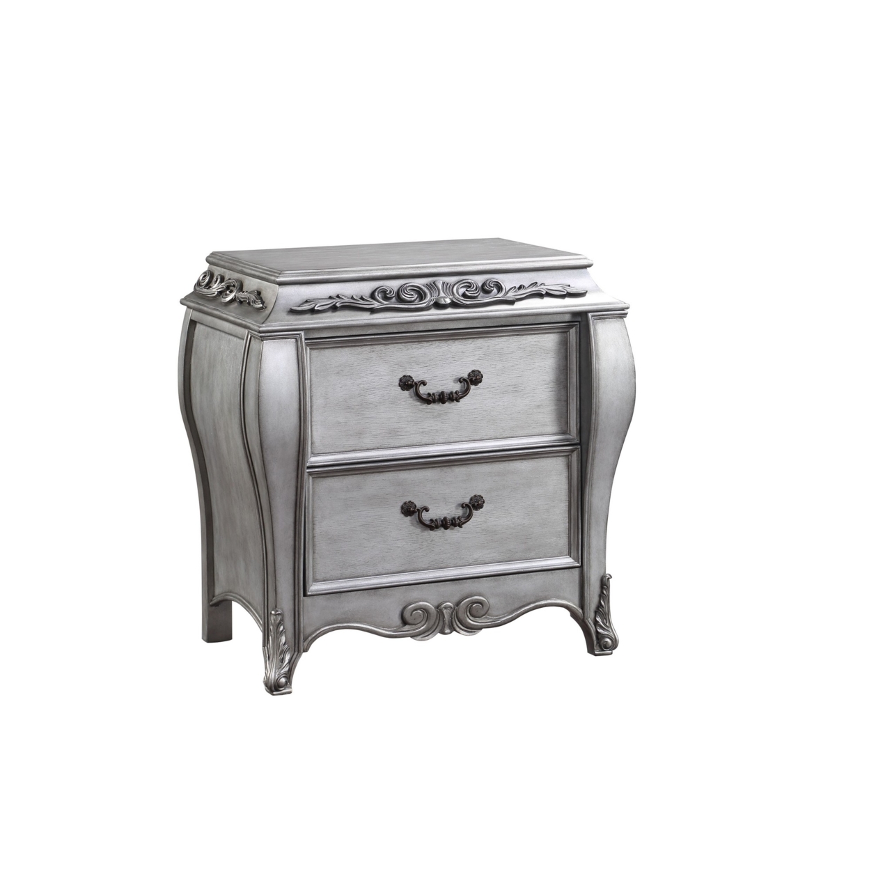 Nightstand With Moldings And Raised Floral Motifs, Gray- Saltoro Sherpi