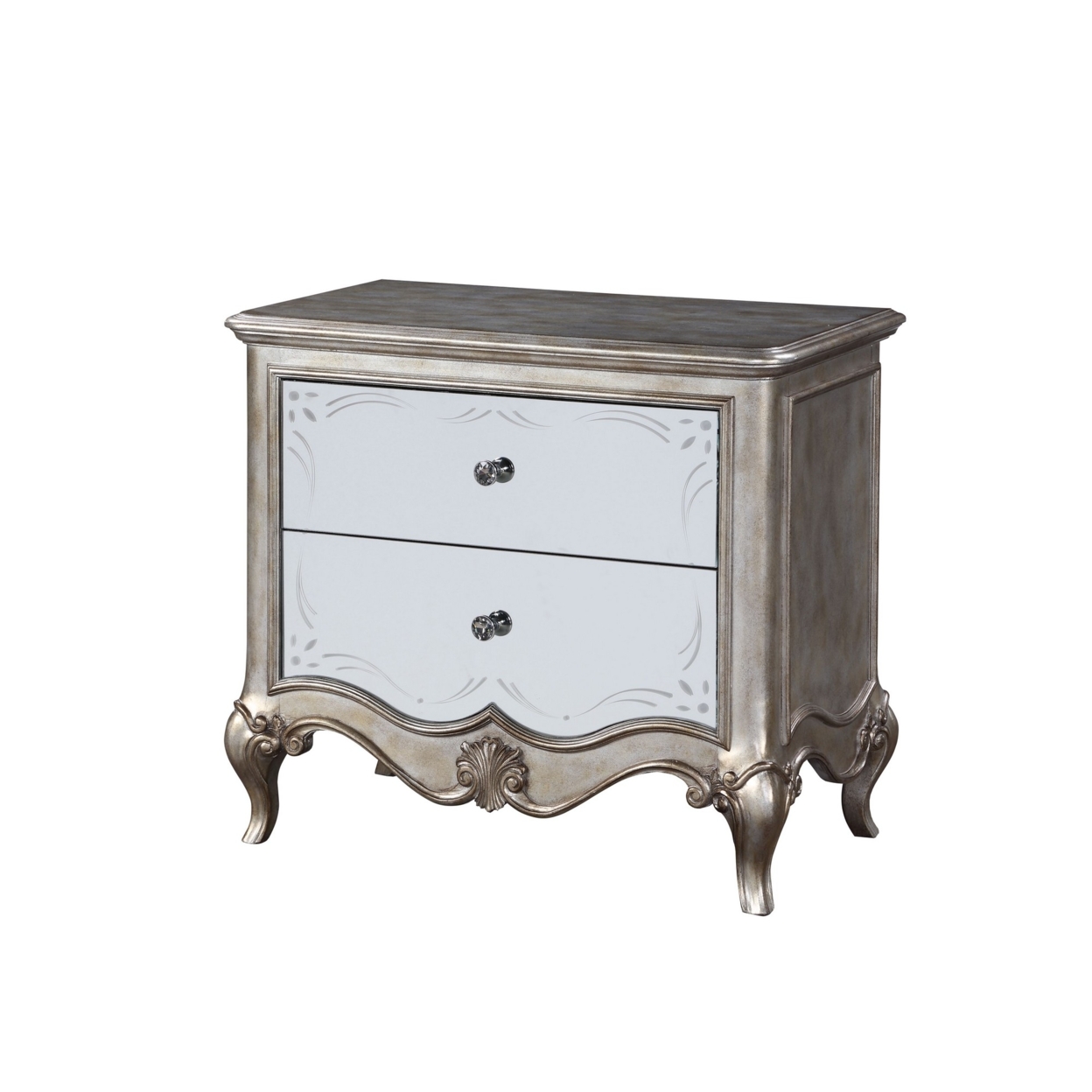 Nightstand With Mirror Front And Molded Trim, Antique Silver- Saltoro Sherpi