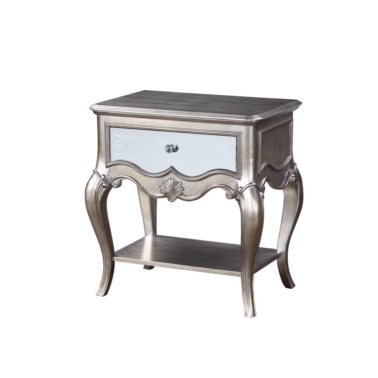 Nightstand With Mirror Panel Front And Molded Trim, Antique Silver- Saltoro Sherpi
