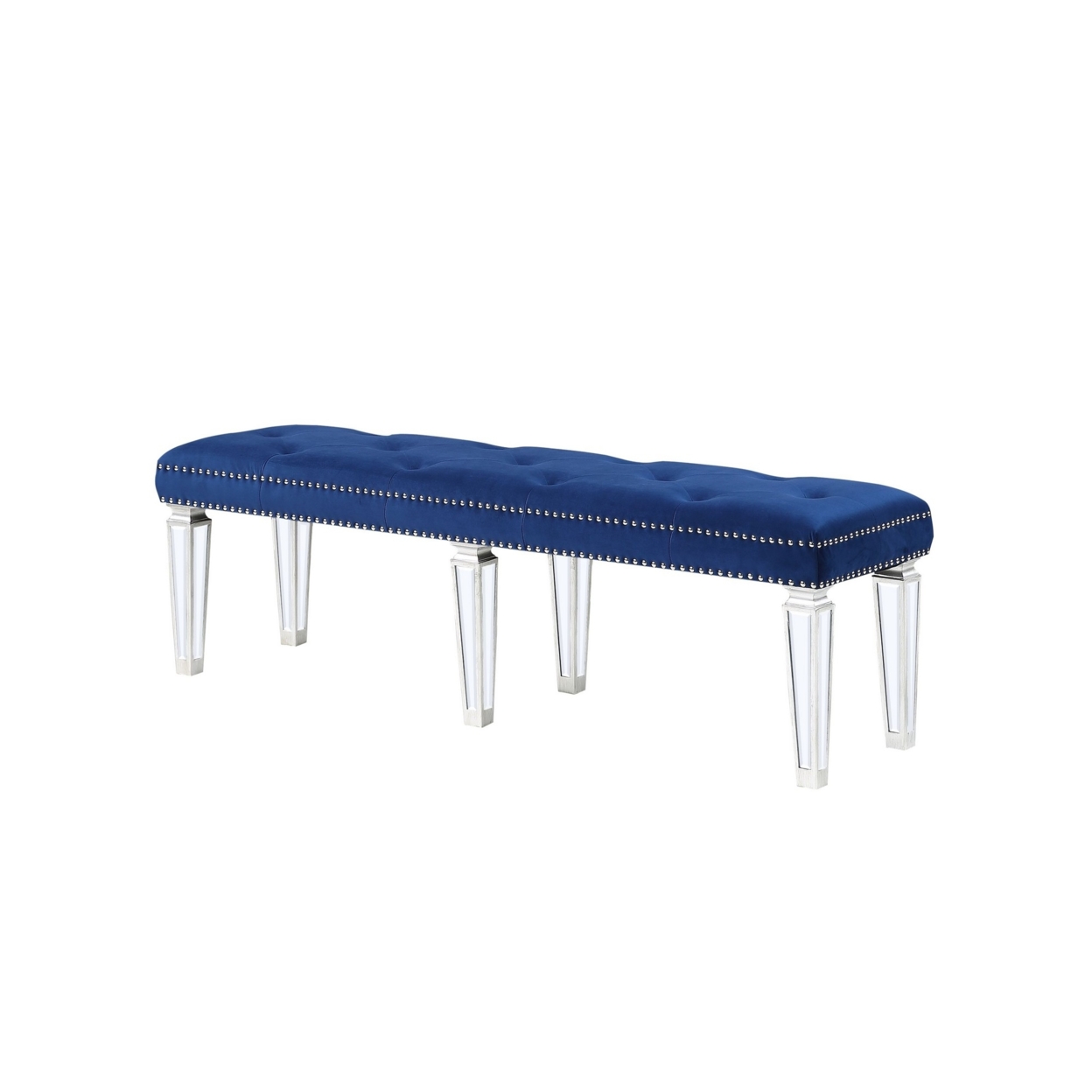 Bench With Button Tufted Seat And Mirrored Tapered Legs, Blue- Saltoro Sherpi