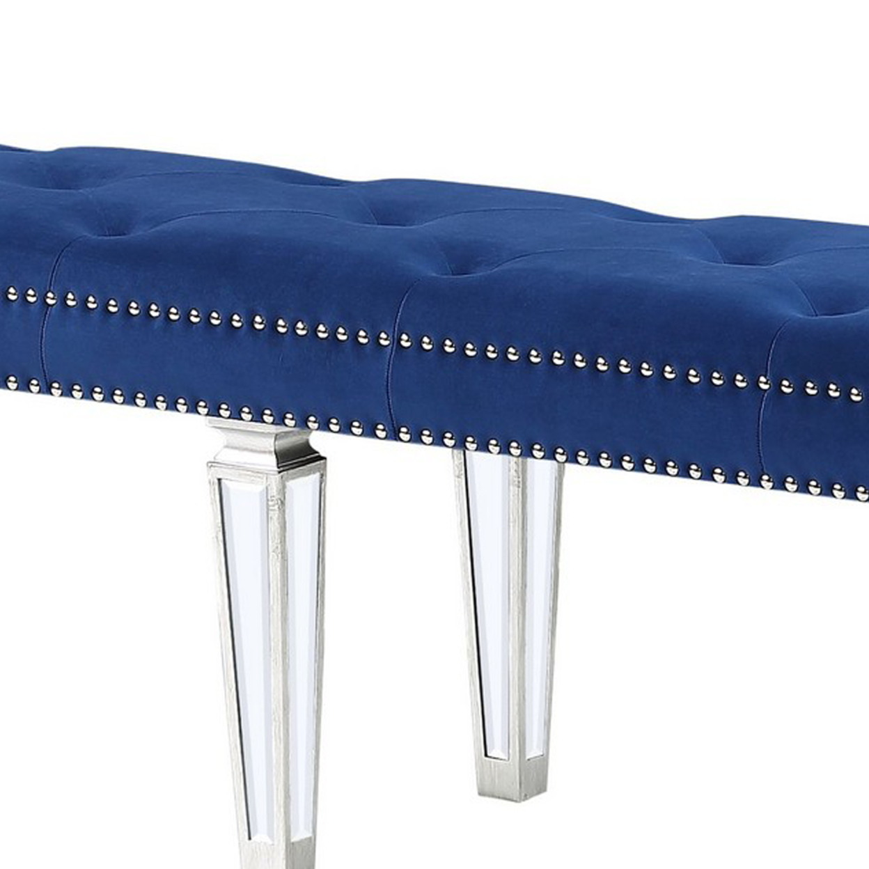 Bench With Button Tufted Seat And Mirrored Tapered Legs, Blue- Saltoro Sherpi