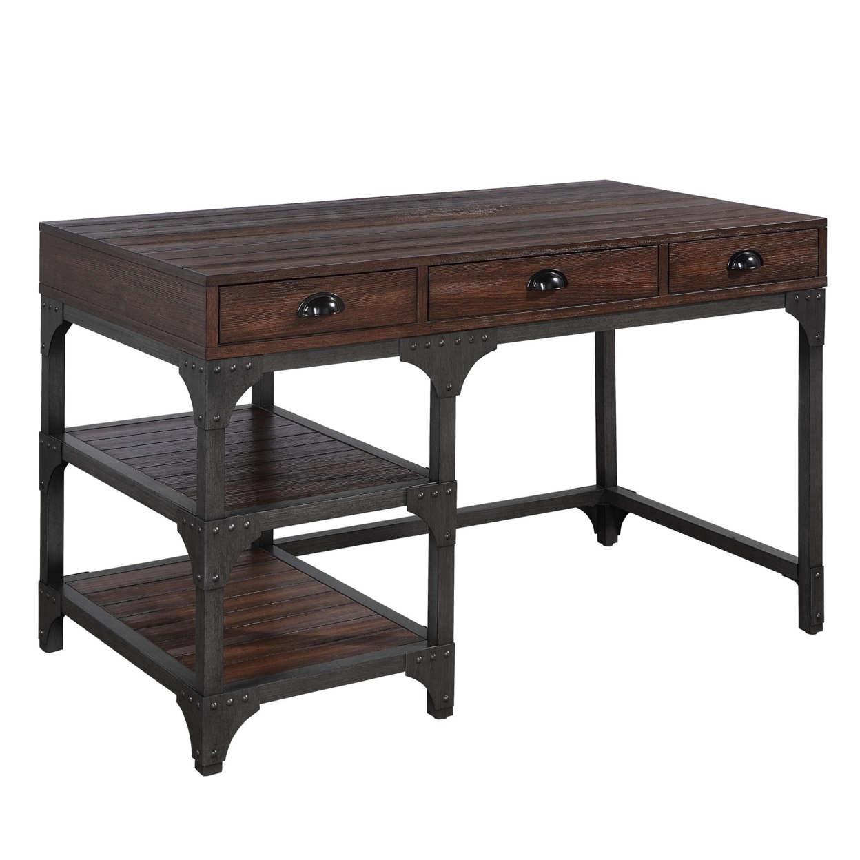 Writing Desk With 3 Drawers And Plank Details, Brown- Saltoro Sherpi