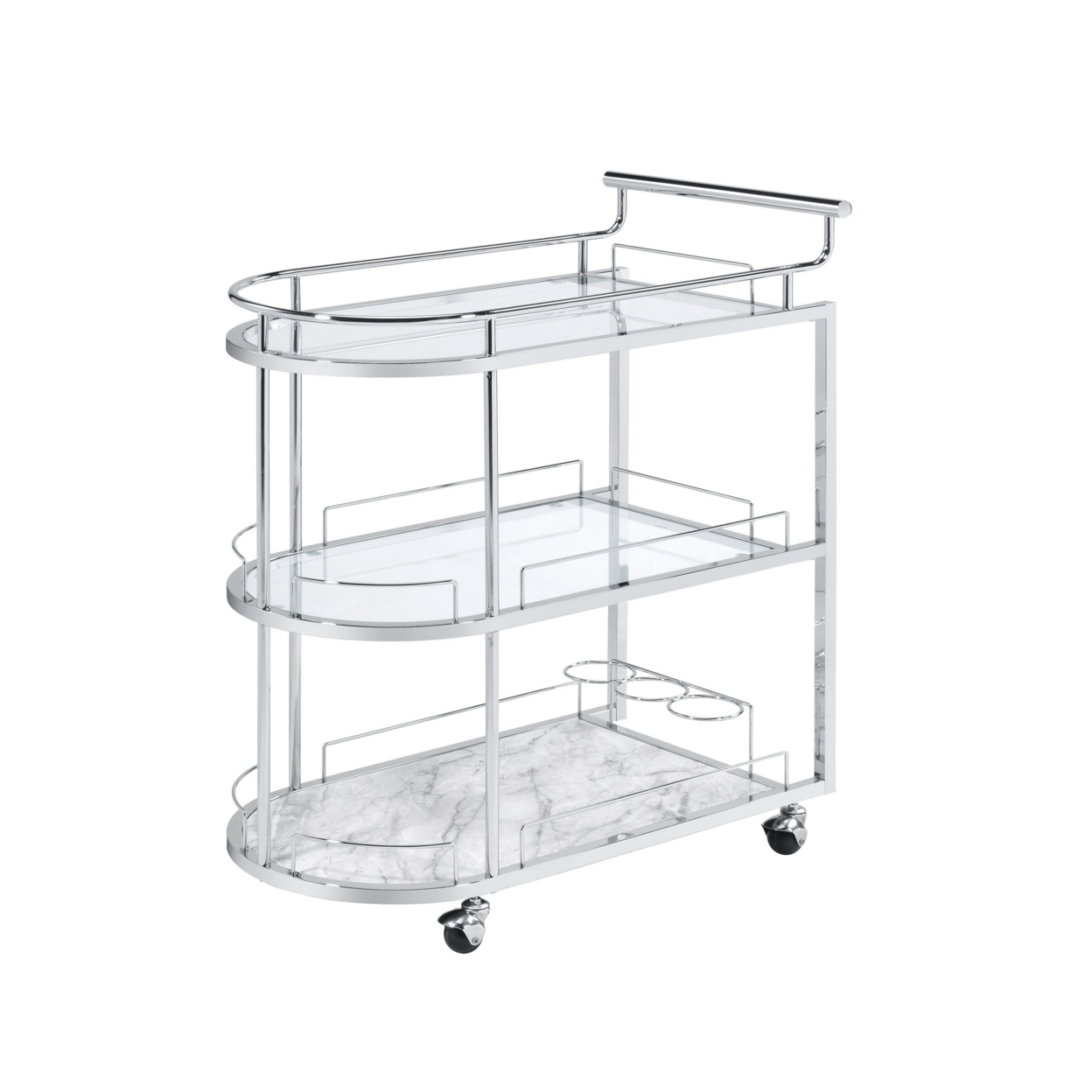 Serving Cart With Oval Shape And Metal Bar Handle, Silver- Saltoro Sherpi