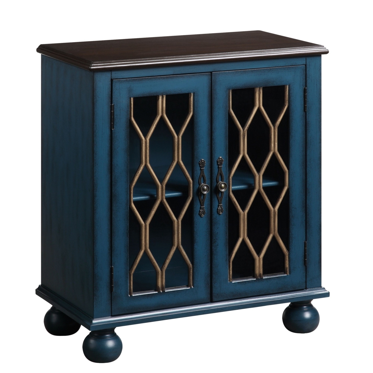 Console Table With Trellis Pattern Door And 1 Shelf, Antique Blue- Saltoro Sherpi