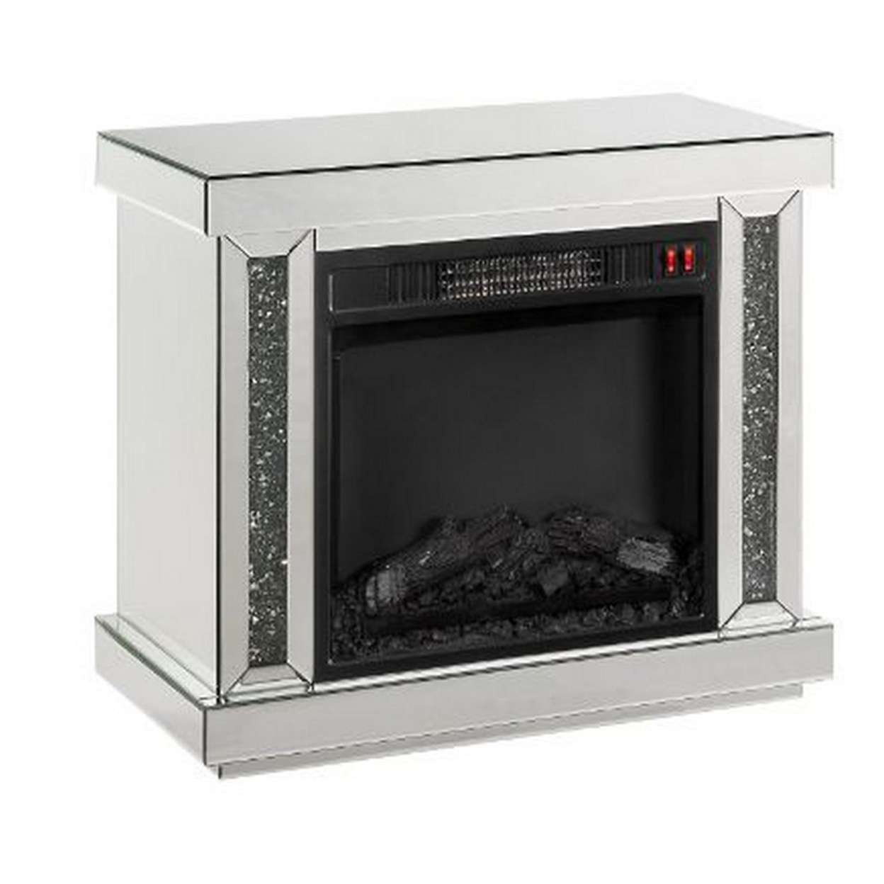 Su 28 Inch Electric Fireplace, Rectangular, Mirror Panel Framing And Faux Diamonds, Silver