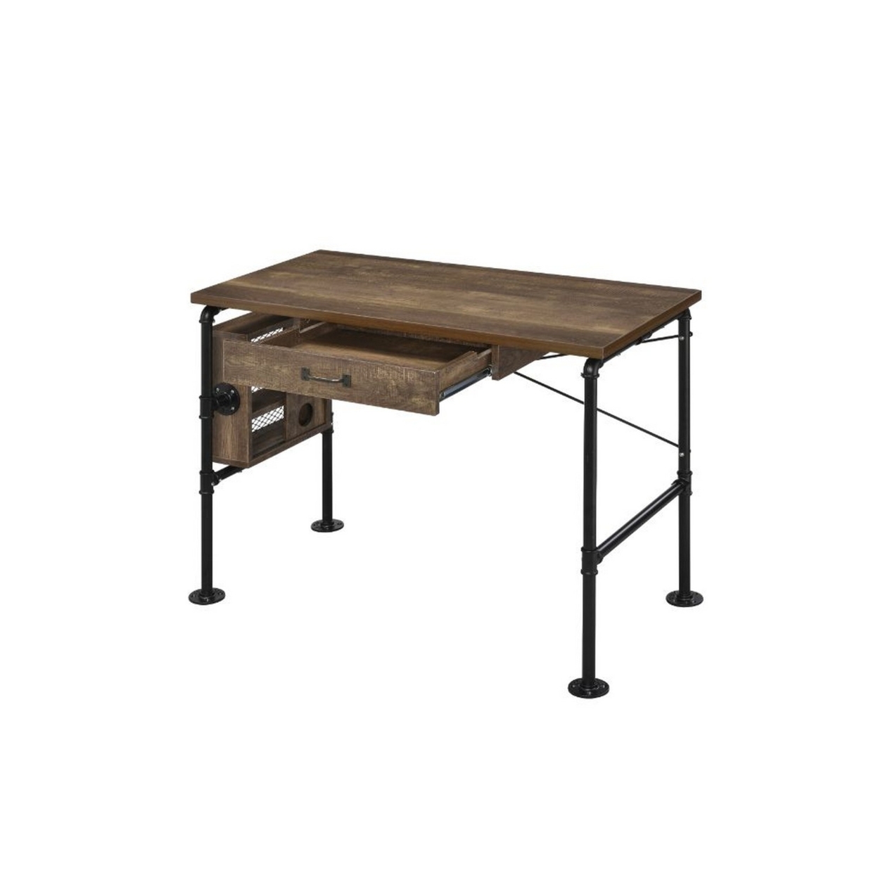 Writing Desk With Industrial Style And 3 Tier Sleek Side Shelves, Oak Brown- Saltoro Sherpi