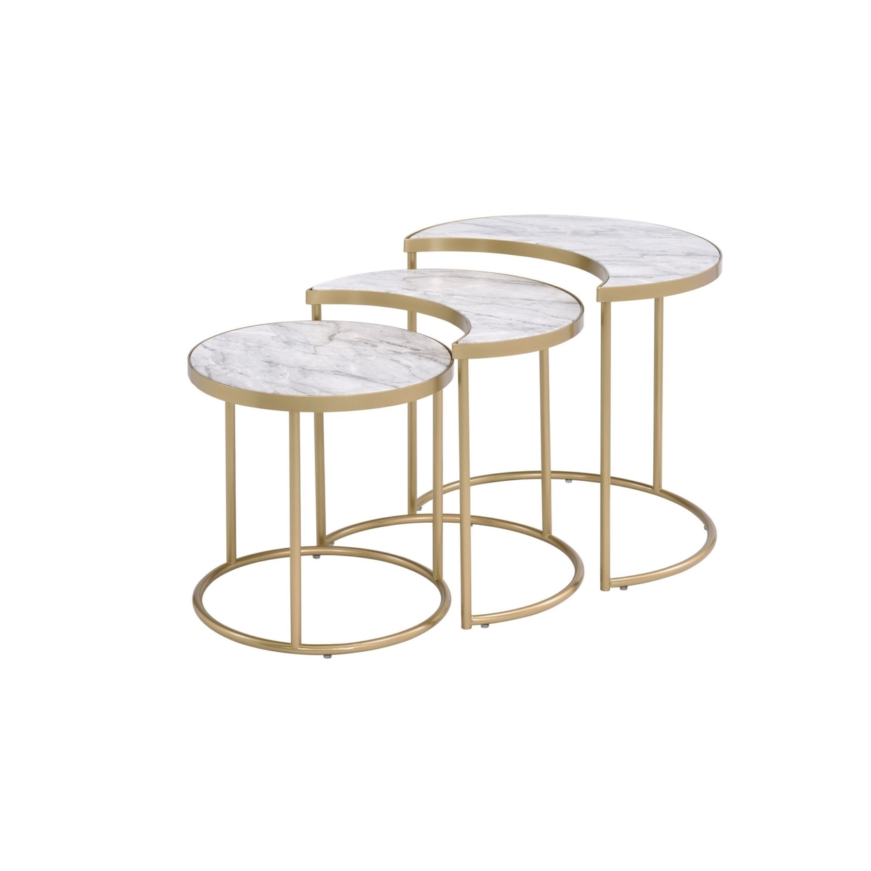 Metal Nesting Coffee Table With Faux Marble Top, Set Of 3, Gold And White- Saltoro Sherpi