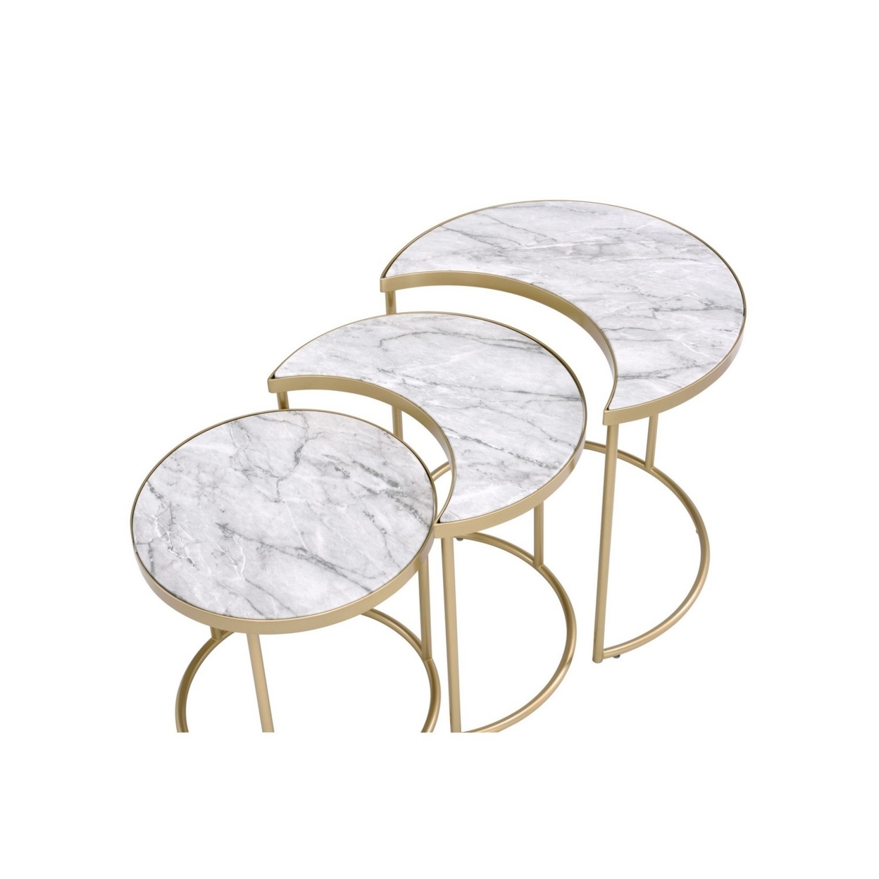 Metal Nesting Coffee Table With Faux Marble Top, Set Of 3, Gold And White- Saltoro Sherpi