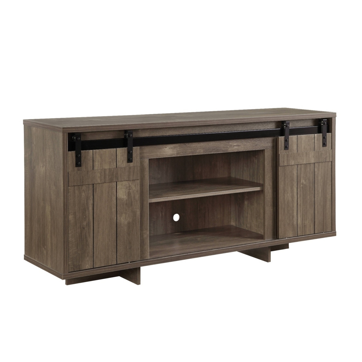 TV Stand With 4 Compartments And 2 Barn Sliding Door, Gray- Saltoro Sherpi