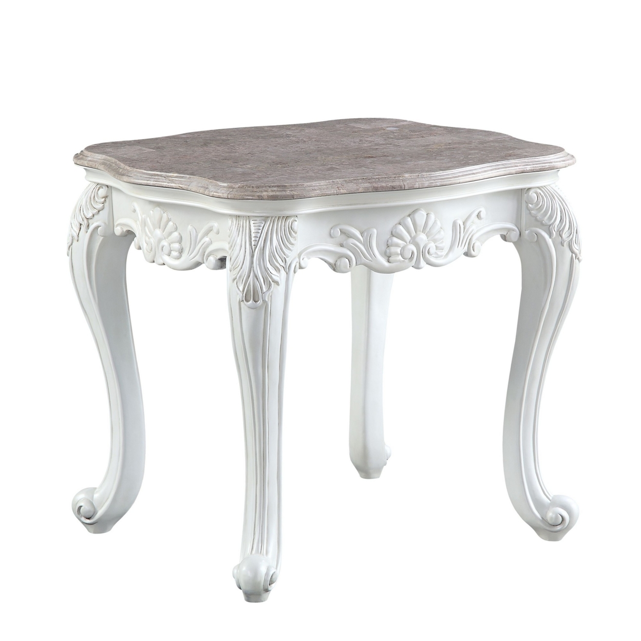 End Table With Marble Top And Cabriole Legs, Antique White- Saltoro Sherpi