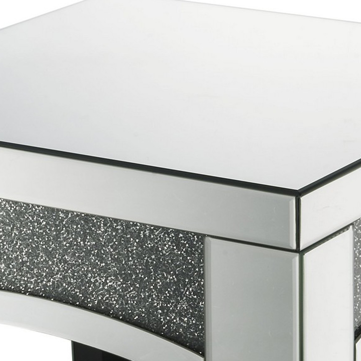 End Table With Mirror Trim And Faux Stone Inlays, Silver- Saltoro Sherpi