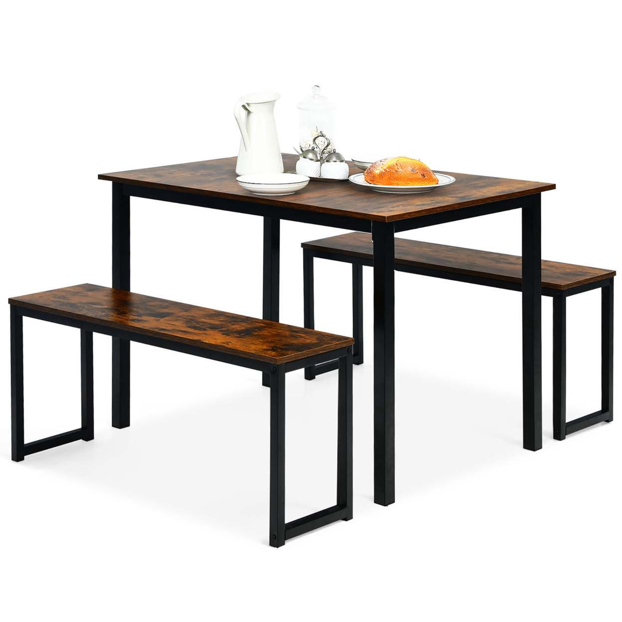 Costway 3pcs Dining Table Set Modern Studio Collection Table and 2 Bench - Coffee