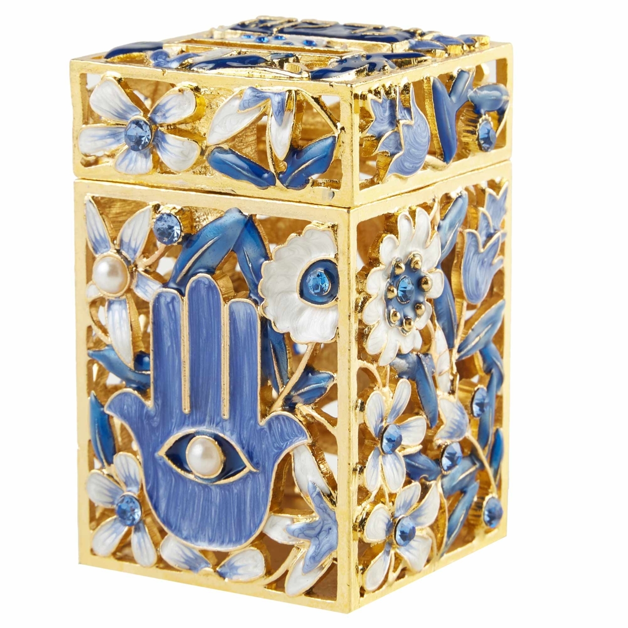 Matashi Hand-Painted Enamel Tzedakah Charity Box Keepsake Treasure Box W/ Crystals & Hamsa Protects Against Evil Eye Motif Design, Judaica