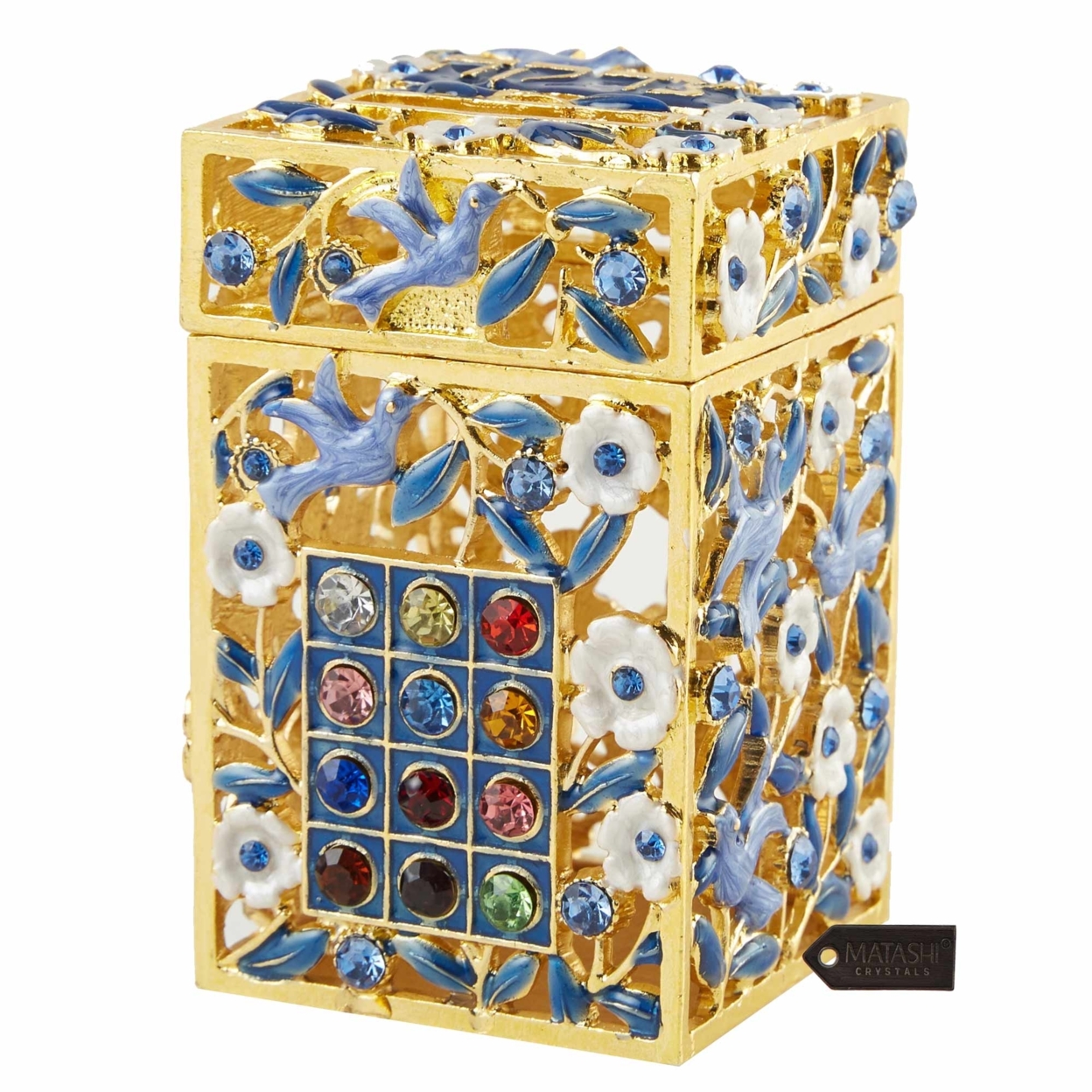 Matashi Hand-Painted Enamel Tzedakah Charity Box Keepsake Treasure Box W/ Crystals & Flower Dove Motif Design, Judaica Home Decor Piggy Bank