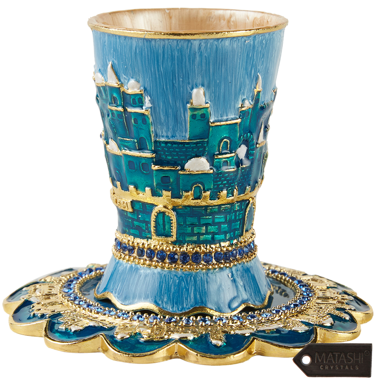 Matashi Hand-Painted Enamel Kiddush Cup Set W Tray W Crystals & Jerusalem Cityscape Design For Shabbat Goblet Judaica Gift Blessings Cup