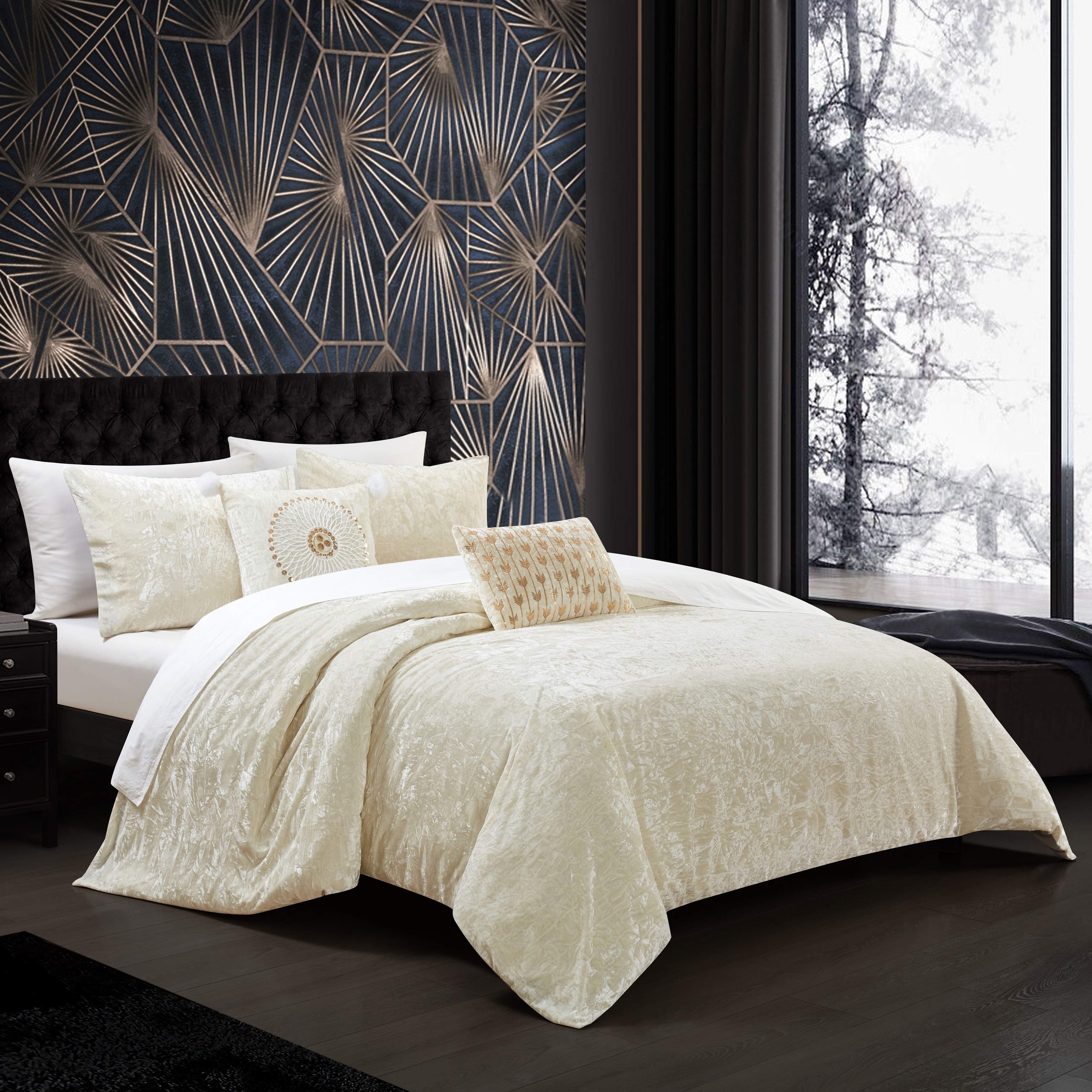Giuliana 5 Piece Comforter Set Crinkle Crushed Velvet Bedding - Beige, King