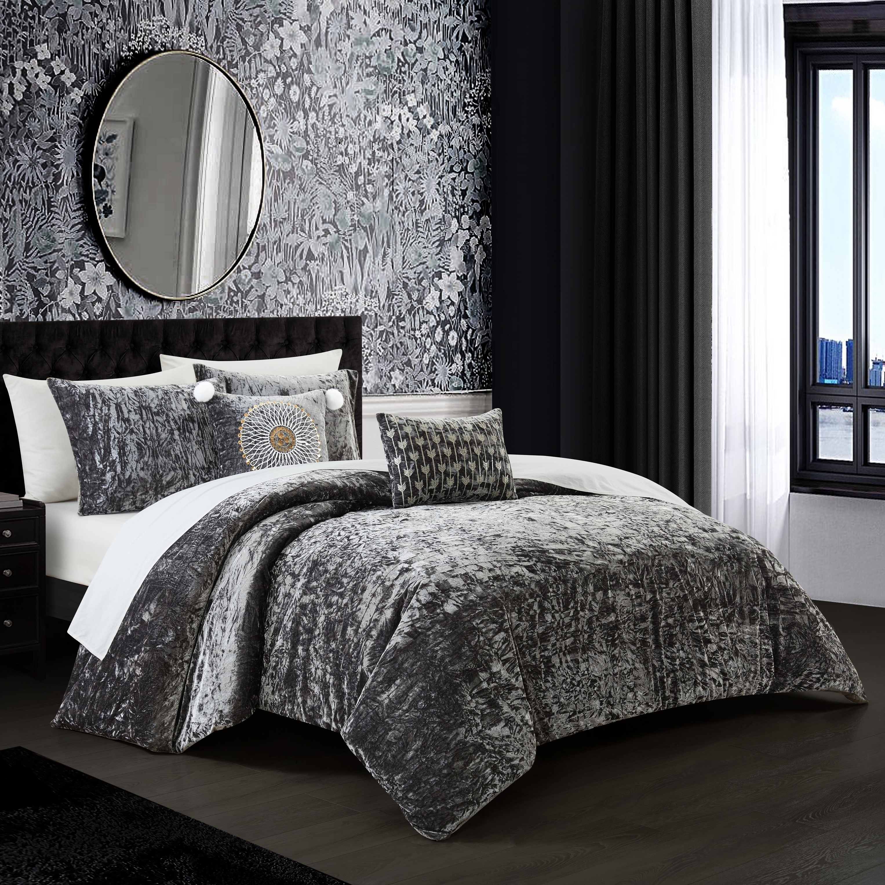 Giuliana 5 Piece Comforter Set Crinkle Crushed Velvet Bedding - Grey, King