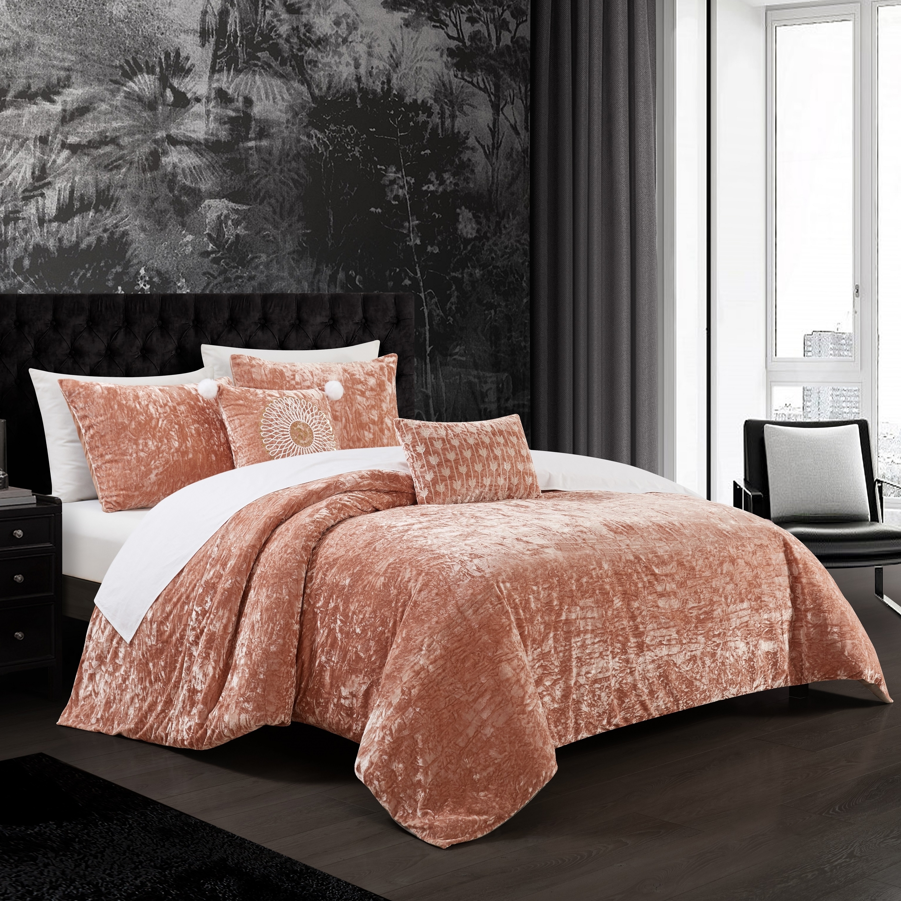 Giuliana 5 Piece Comforter Set Crinkle Crushed Velvet Bedding - Blush, Queen