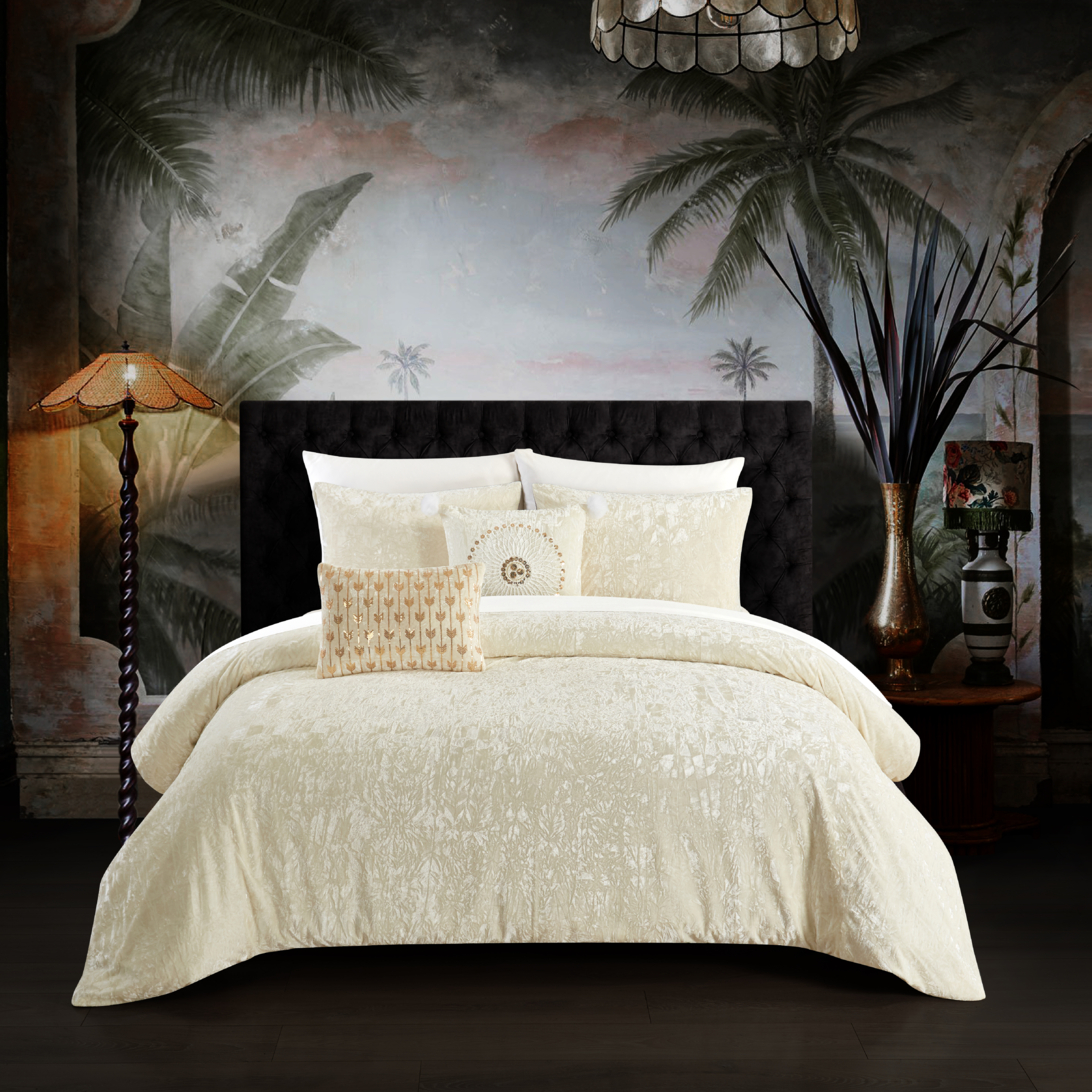Giuliana 5 Piece Comforter Set Crinkle Crushed Velvet Bedding - Beige, Queen