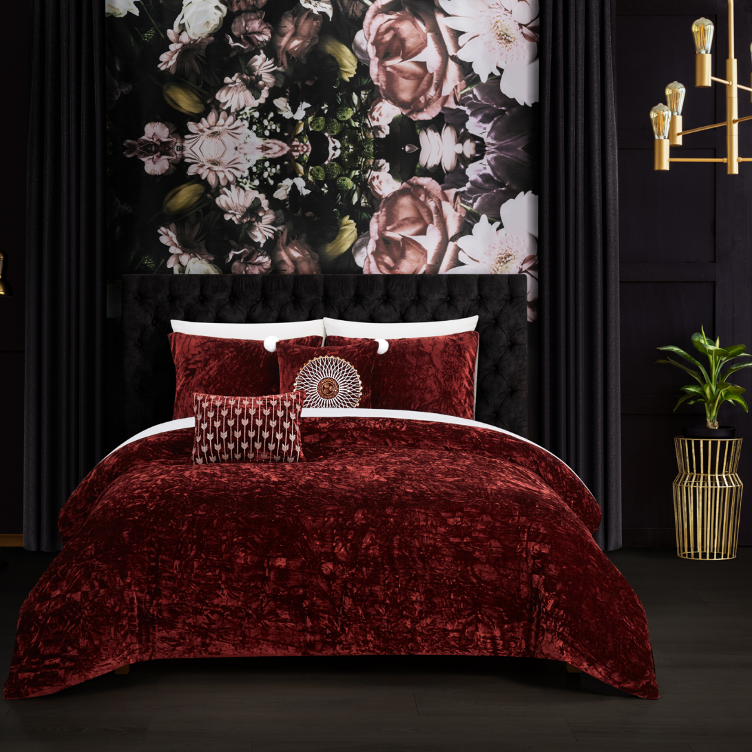 Giuliana 5 Piece Comforter Set Crinkle Crushed Velvet Bedding - Burgundy, Queen