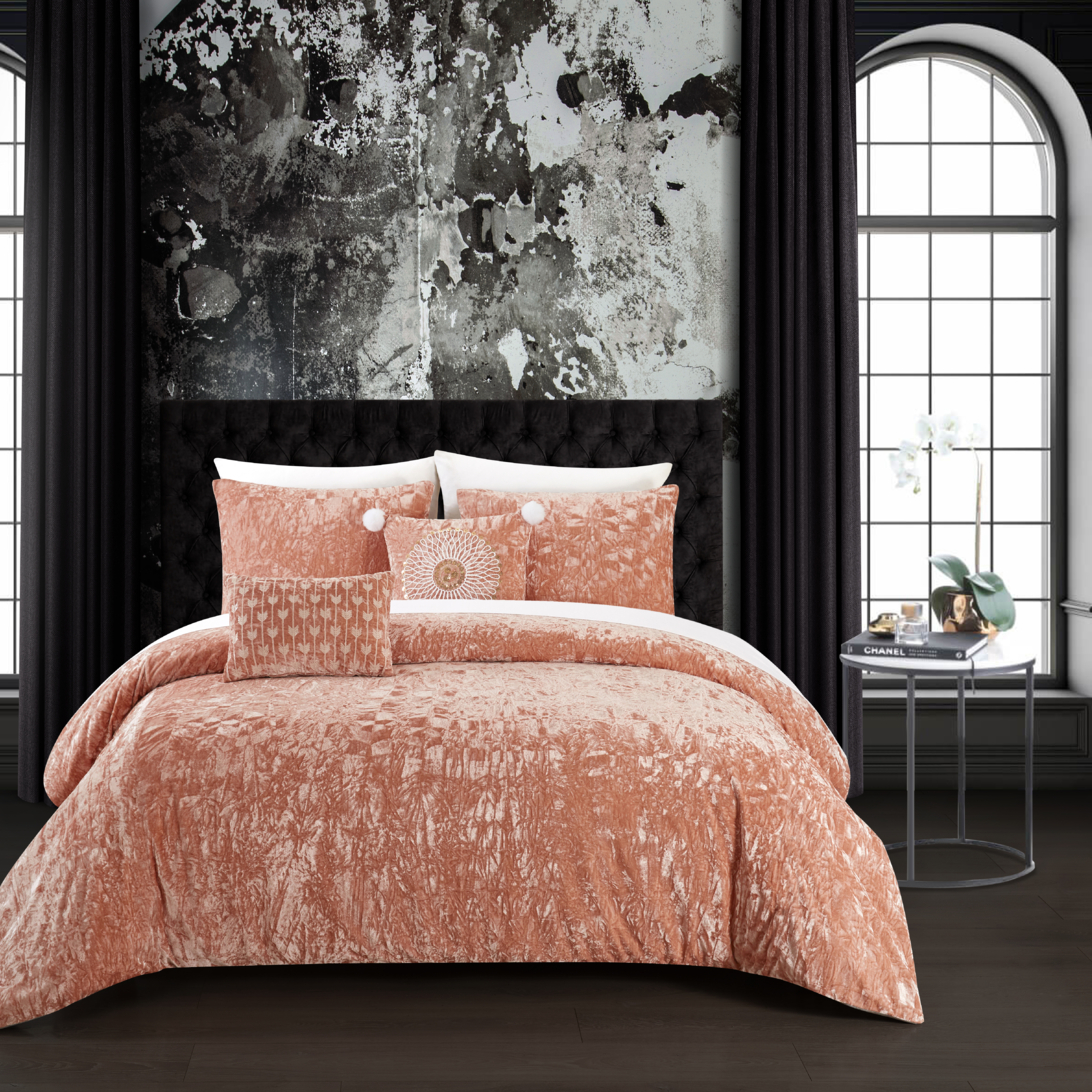 Giuliana 5 Piece Comforter Set Crinkle Crushed Velvet Bedding - Blush, Queen
