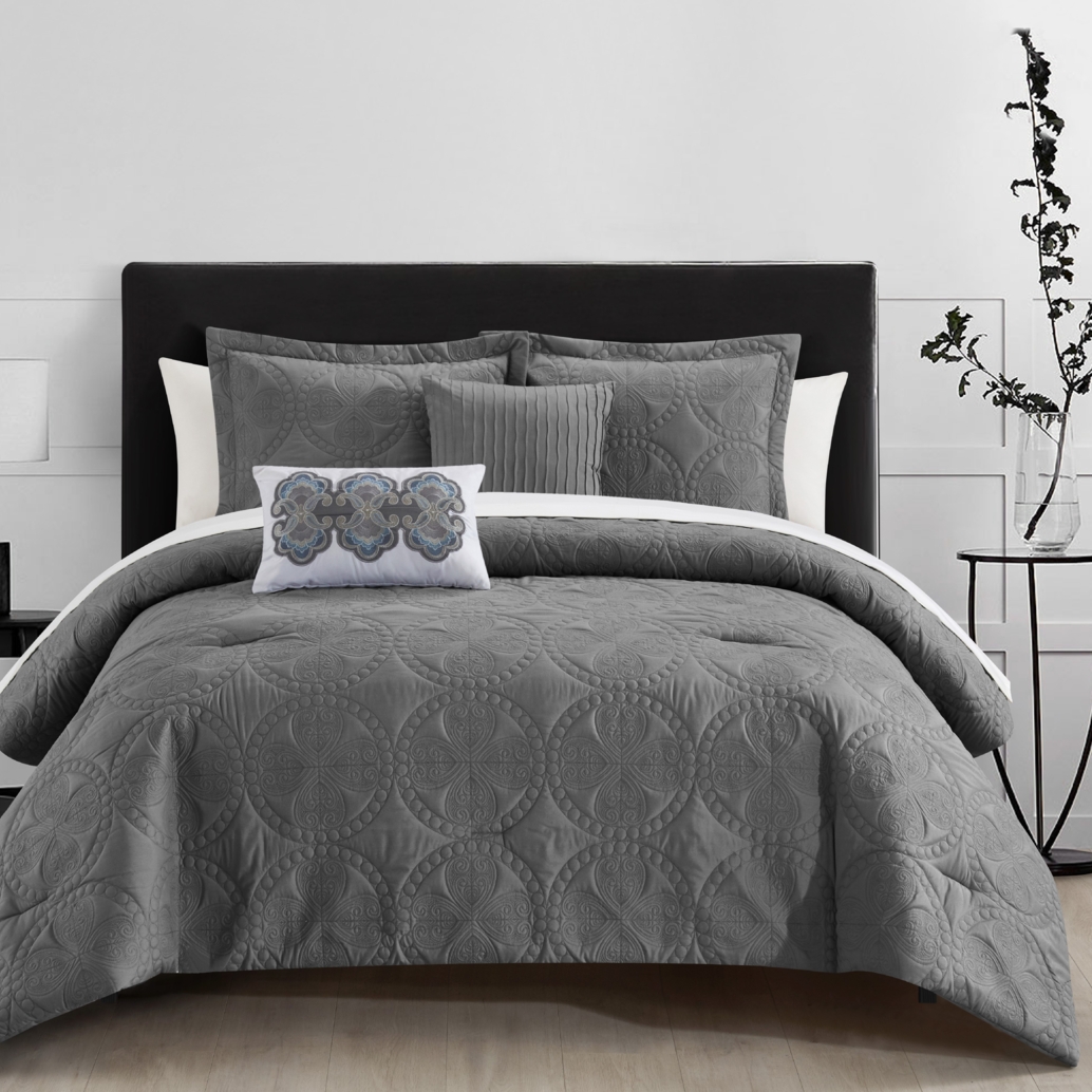 Abelia 5 Or 9 Piece Comforter Set Embroidered Design Bedding - Grey, Queen