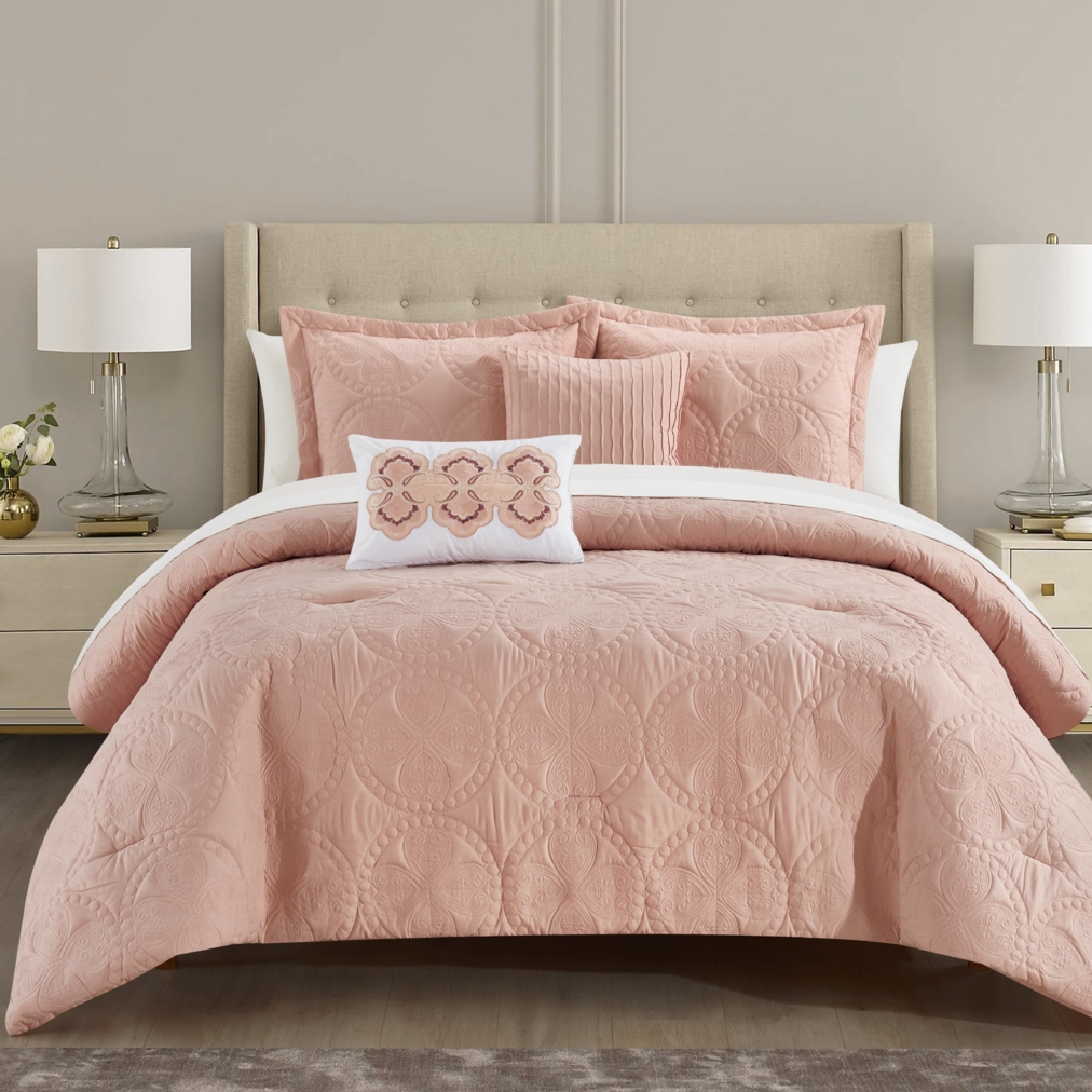Abelia 5 Or 9 Piece Comforter Set Embroidered Design Bedding - Blush, Queen