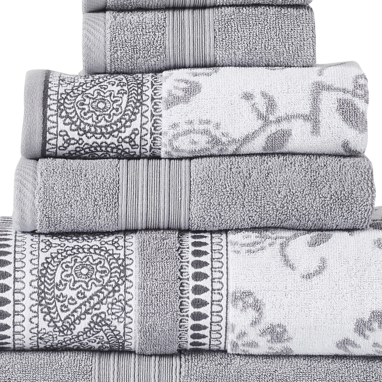 Veria 6 Piece Towel Set With Paisley And Floral Motif Pattern The Urban Port, Gray- Saltoro Sherpi