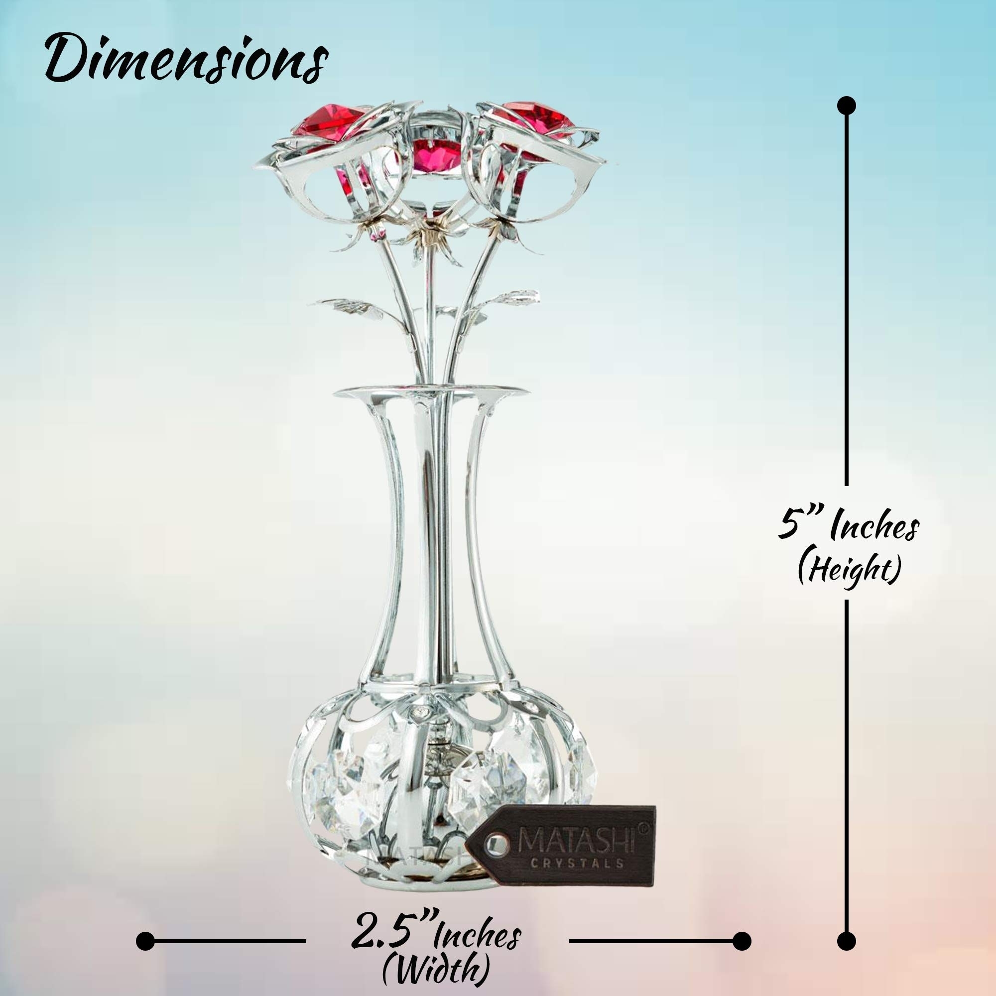 Matashi Chrome Plated Silver Flowers Bouquet & Vase W/ Red & Clear Crystals , Chrome-Plated Table Top Decorations , Metal Floral Arrangement