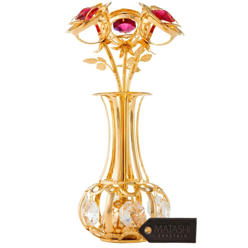 Matashi 24k Gold Plated Flowers Bouquet & Vase W/ Red & Clear Crystals , 24k Gold-Plated Table Top Decorations, Elegant Home Or Office DÃ©cor