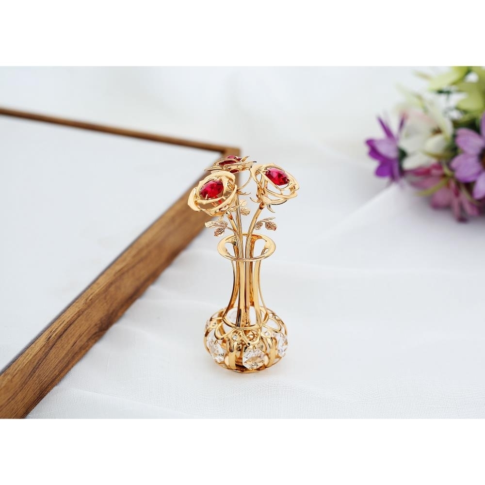 Matashi 24k Gold Plated Flowers Bouquet & Vase W/ Red & Clear Crystals , 24k Gold-Plated Table Top Decorations, Elegant Home Or Office DÃ©cor
