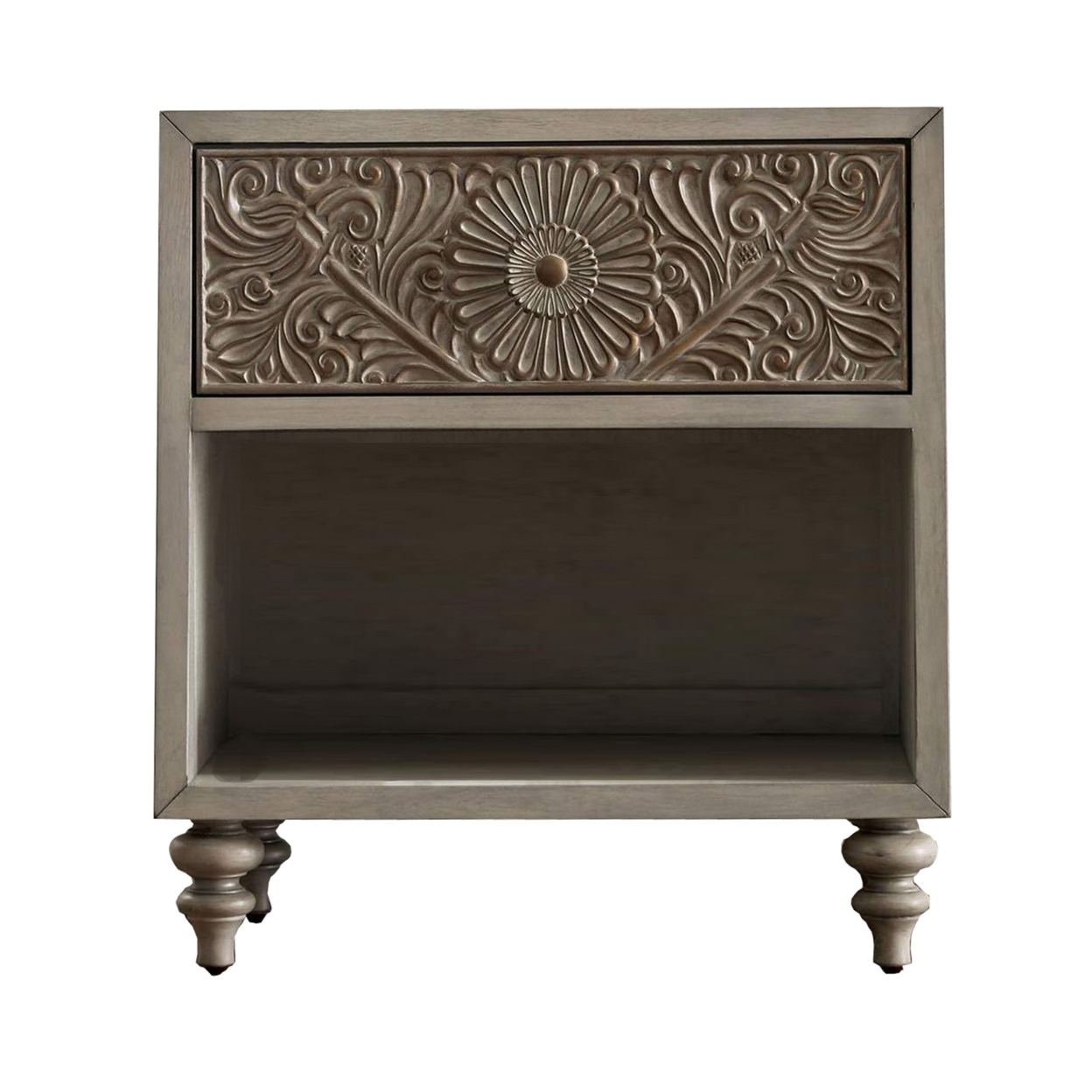 Night Stand With Polyresin Floral Design, Ivory- Saltoro Sherpi