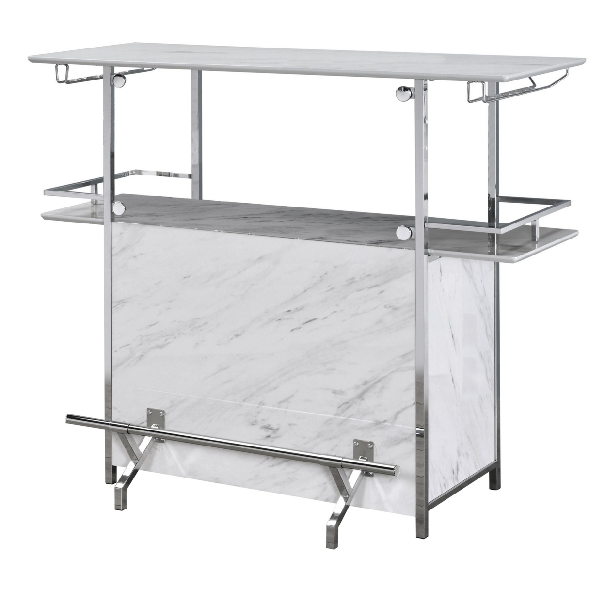 Bar Table With Faux Marble And Chrome Finish, White And Silver- Saltoro Sherpi