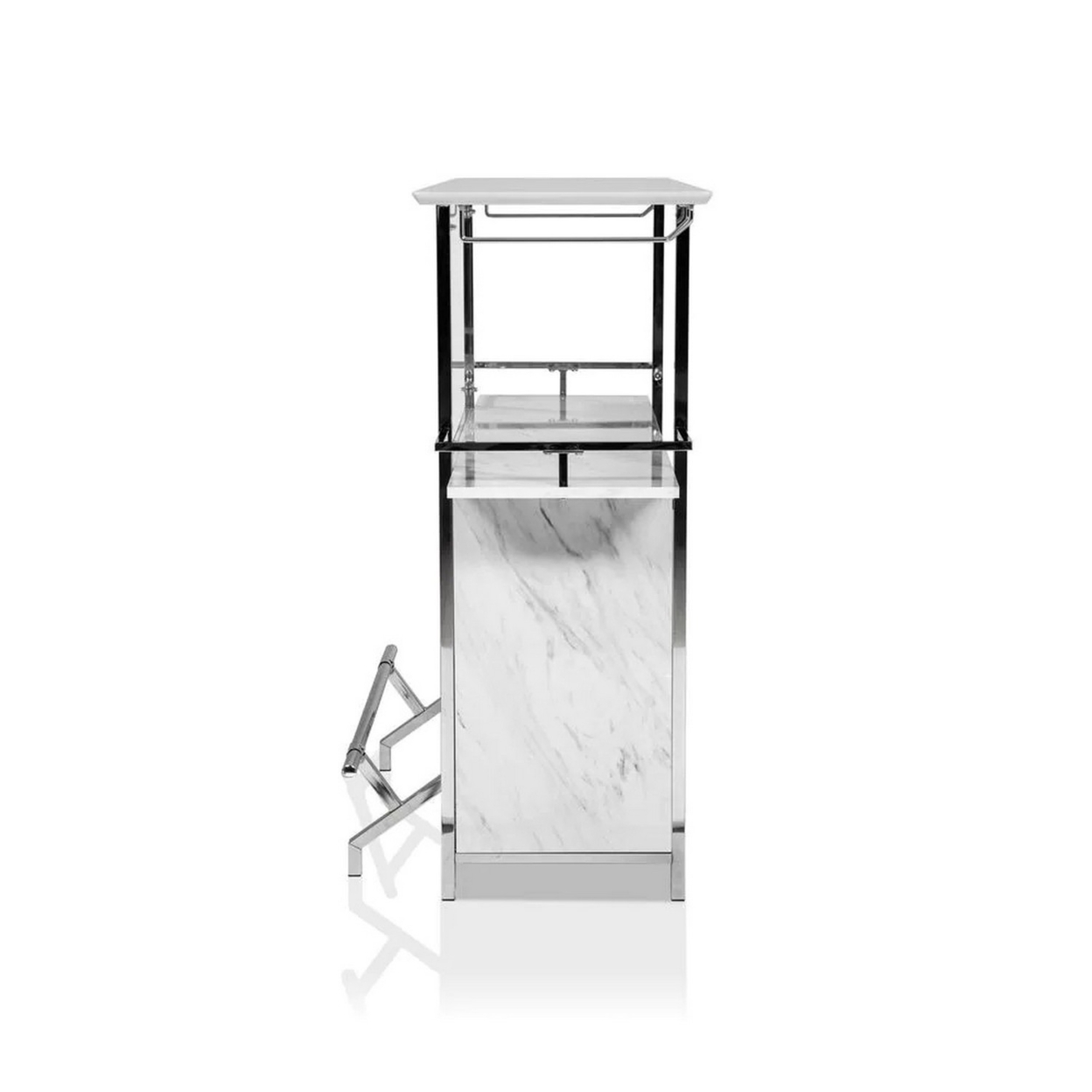 Bar Table With Faux Marble And Chrome Finish, White And Silver- Saltoro Sherpi