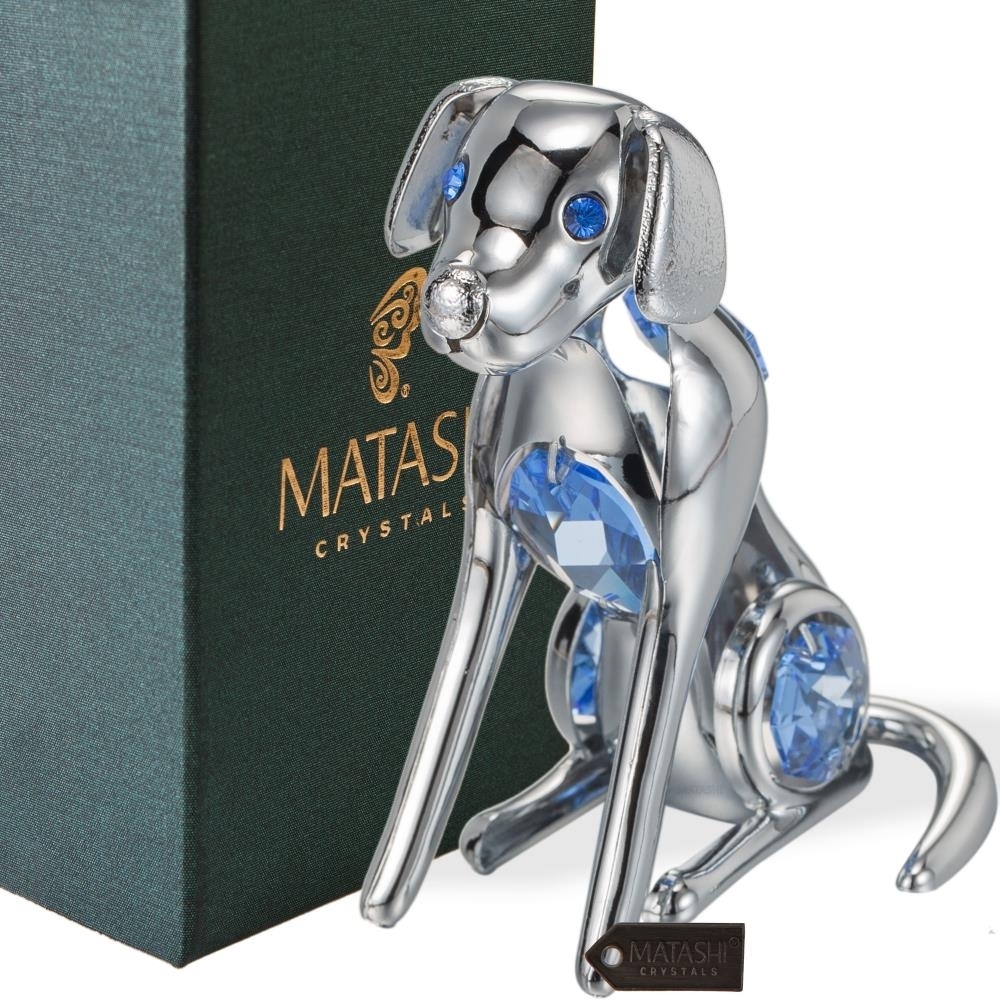 Matashi Chrome Plated Silver Dog With Blue Crystals Dog Holiday Gift For Christmas Birthday New Year Gift For Dog Lovers, Pet Ornament