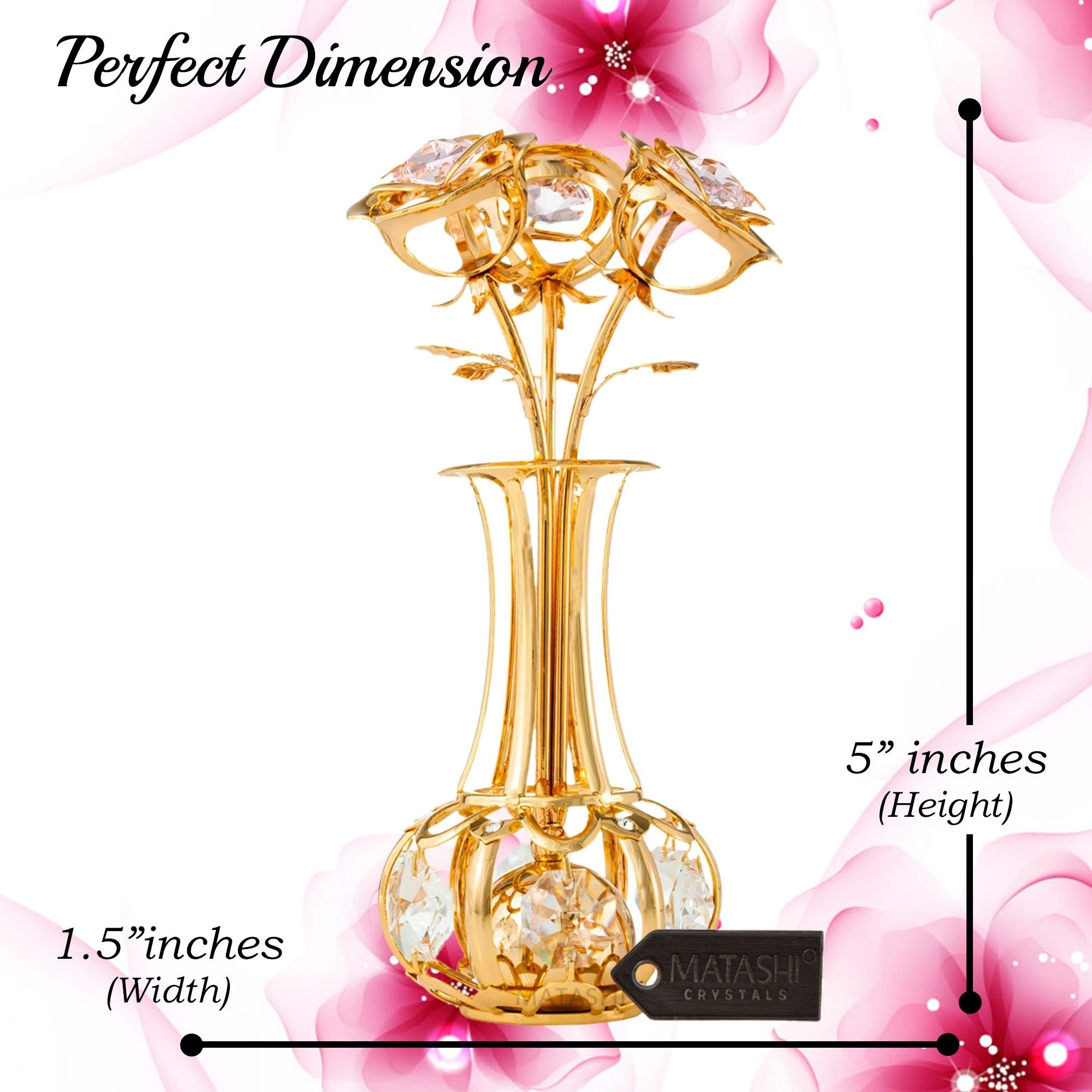 Matashi 24k Gold Plated Flowers Bouquet And Vase W/ Pink & Clear Crystals , 24k Gold-Plated Table Top Decorations , Metal Floral Arrangement