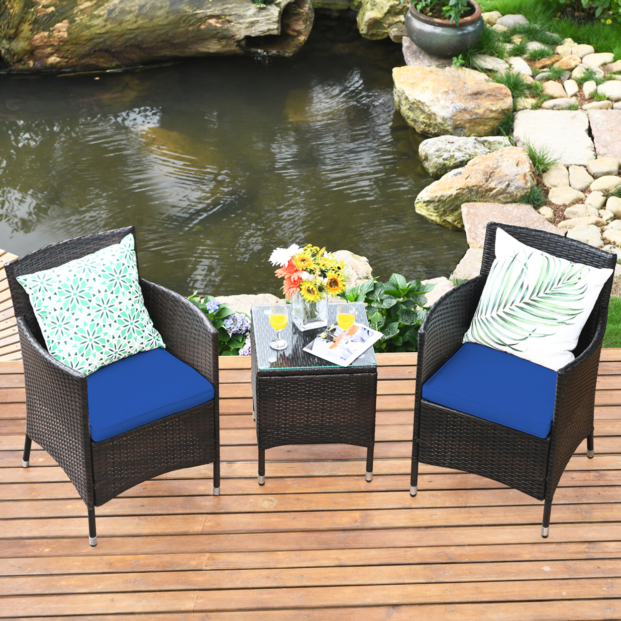 Gymax 3PCS Patio Rattan Chair & Table Furniture Set Outdoor W/ Navy Cushion