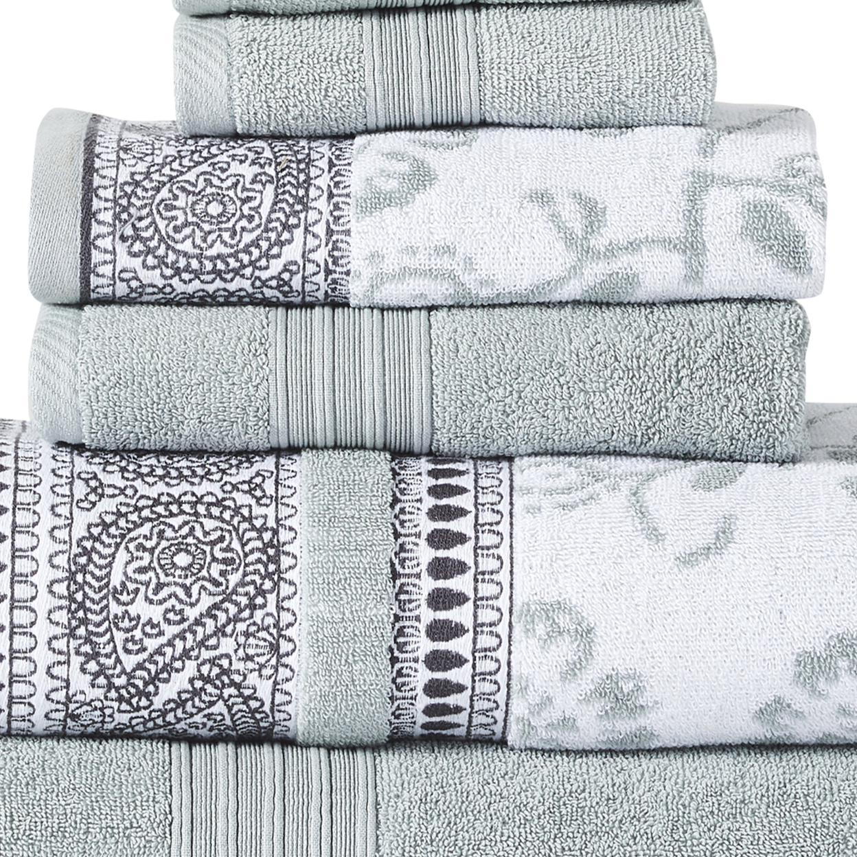 Veria 6 Piece Towel Set With Paisley And Floral Pattern The Urban Port, Sage Blue- Saltoro Sherpi