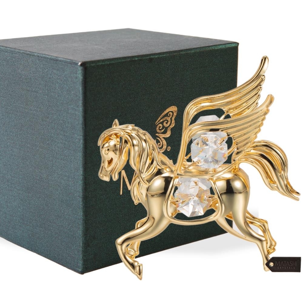 Matashi 24K Gold/Chrome Plated Crystal Studded Flying Pegasus Ornament Tabletop Figurine Holiday Decoration Home Decor Gift For Christmas -