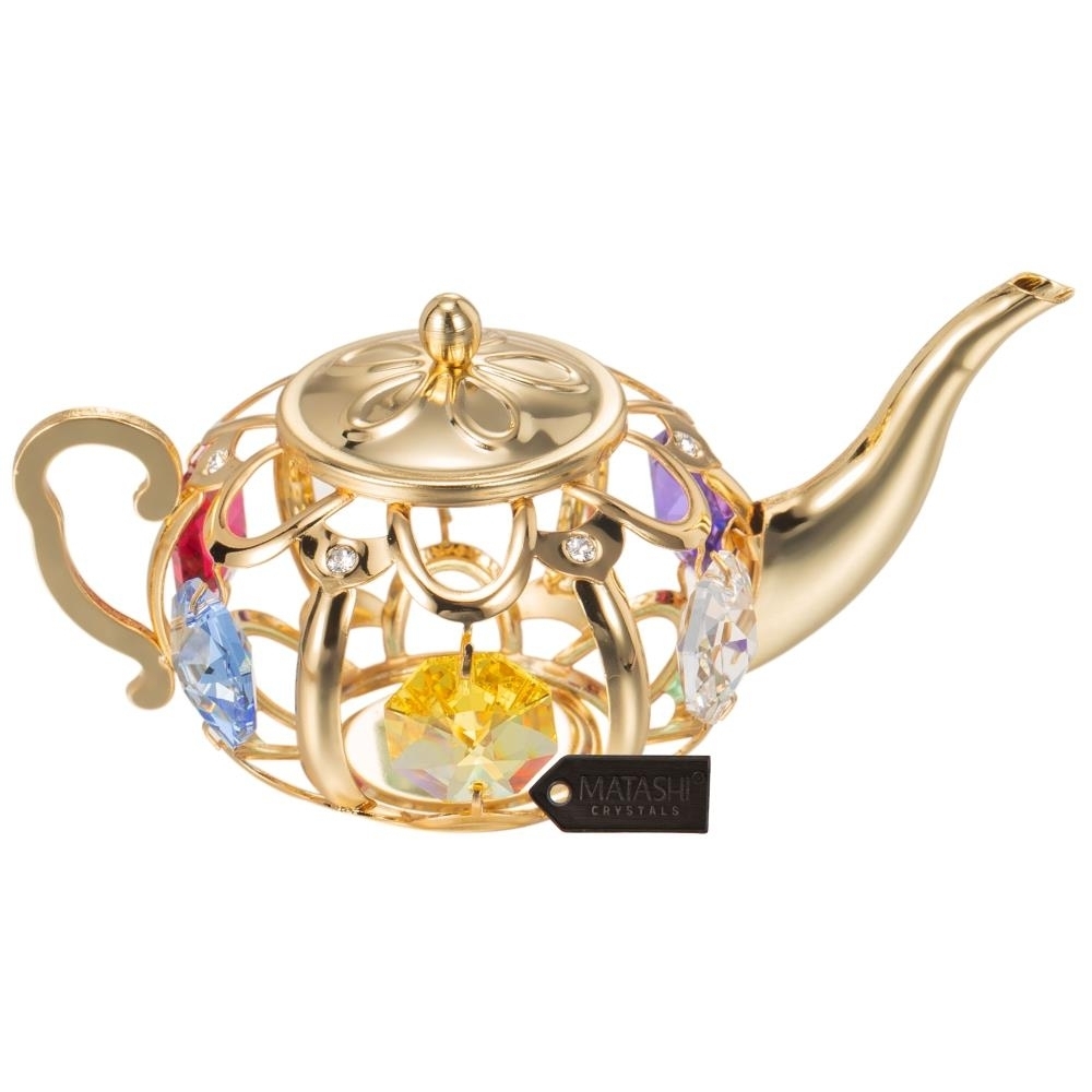 Matashi 24K Gold/Chrome Plated Teapot With Crystals Holiday Ornament Decor Gift For Christmas Birthday Valentine's Day Mother's Day - Gold