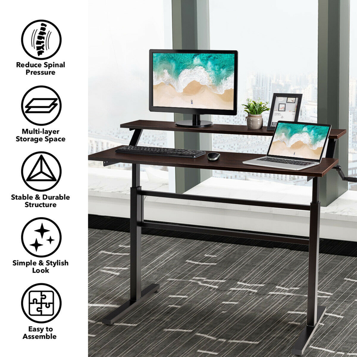 Standing Desk Crank Adjustable Sit To Stand Workstation With Monitor Shelf - Brown