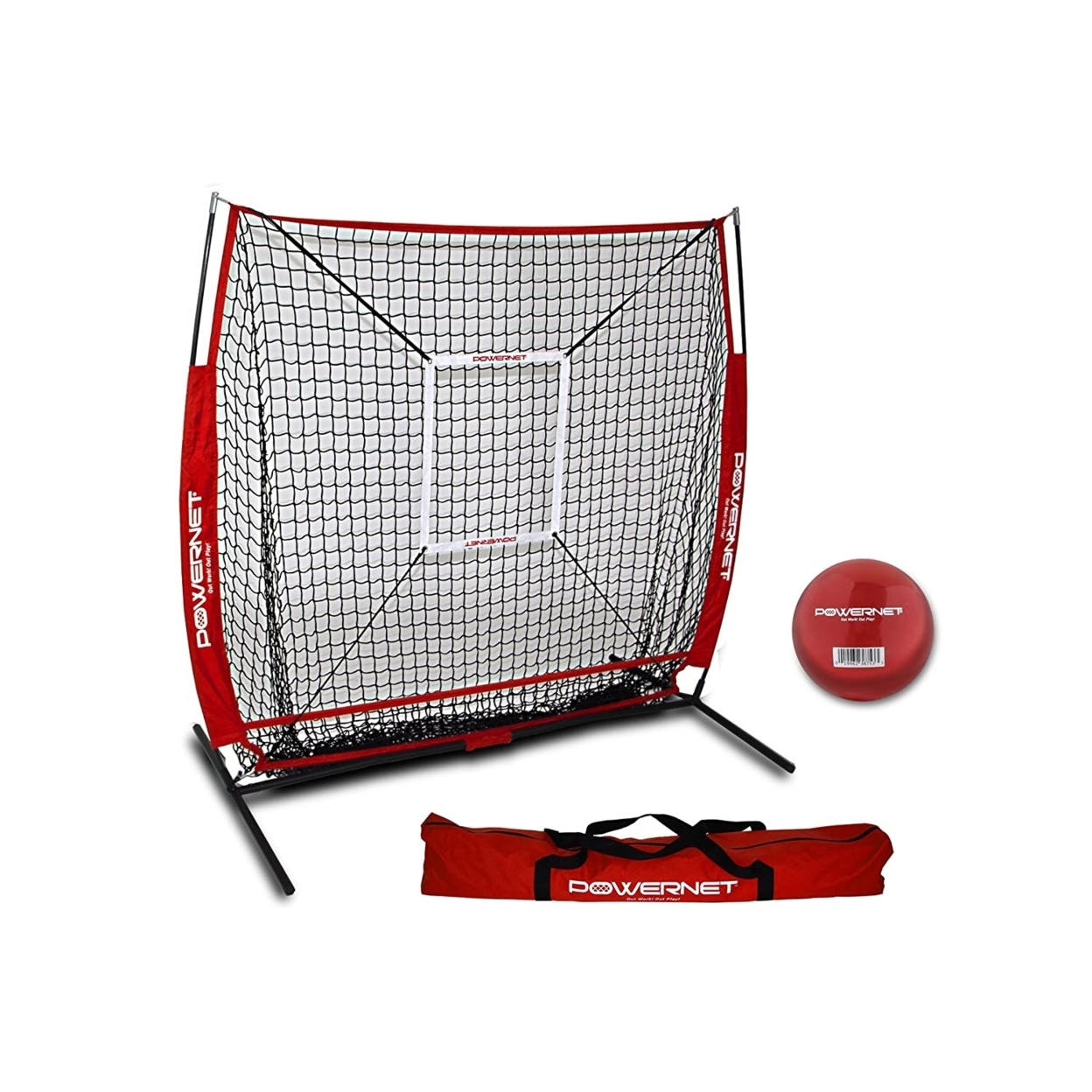 PowerNet 5x5 Practice Hitting Pitching Net + Strike Zone Attachment + Weighted Training Ball Bundle + Carry Bag - Black