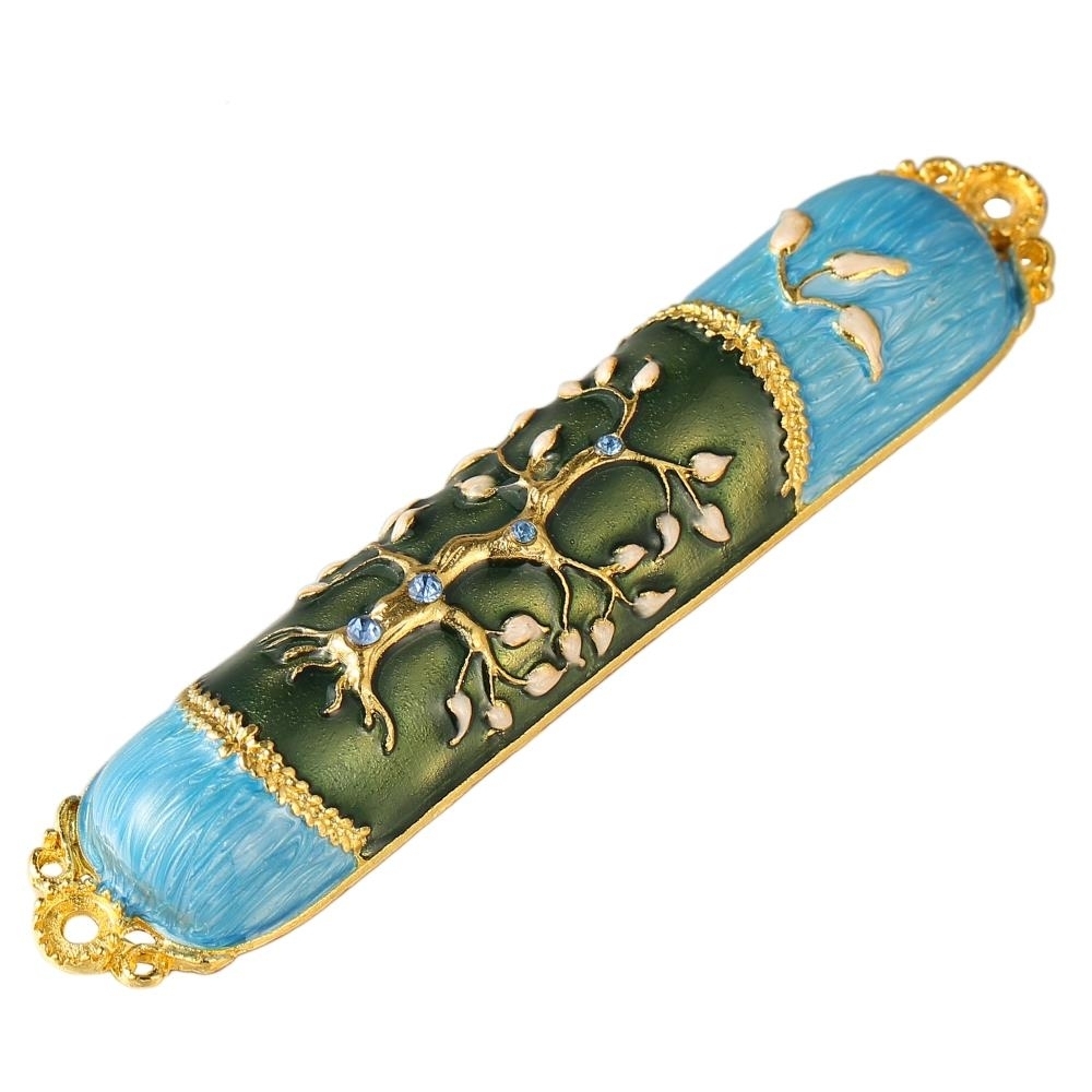 Matashi Hand Painted Enamel Mezuzah Embellished With A Tree Of Life Design With Gold Accents And High Quality Crystals