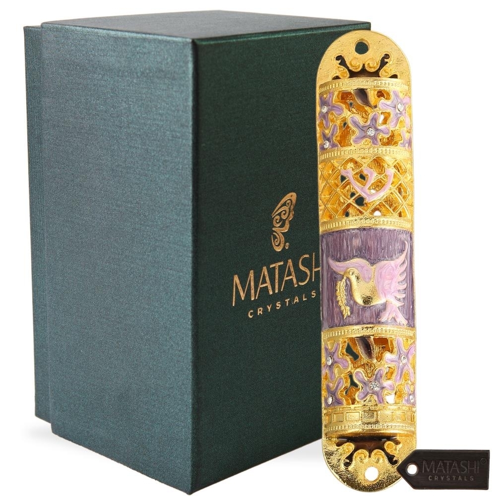 Matashi Hand Painted Enamel Mezuzah Embellished With A Floral Design With Gold Accents And High Quality Crystals