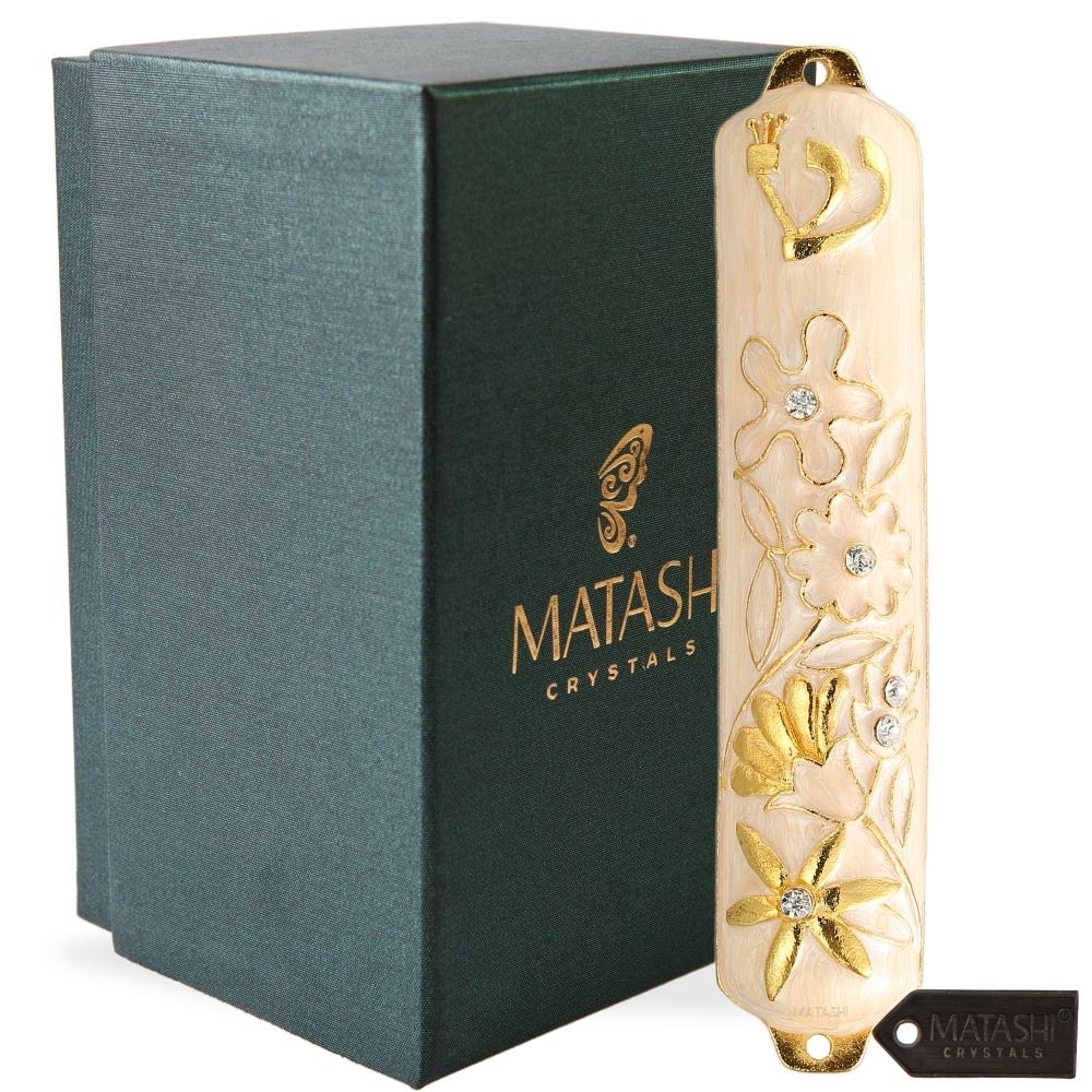Matashi Hand Painted White Enamel Mezuzah Embellished With A Floral Design With Gold Accents And High Quality Crystals