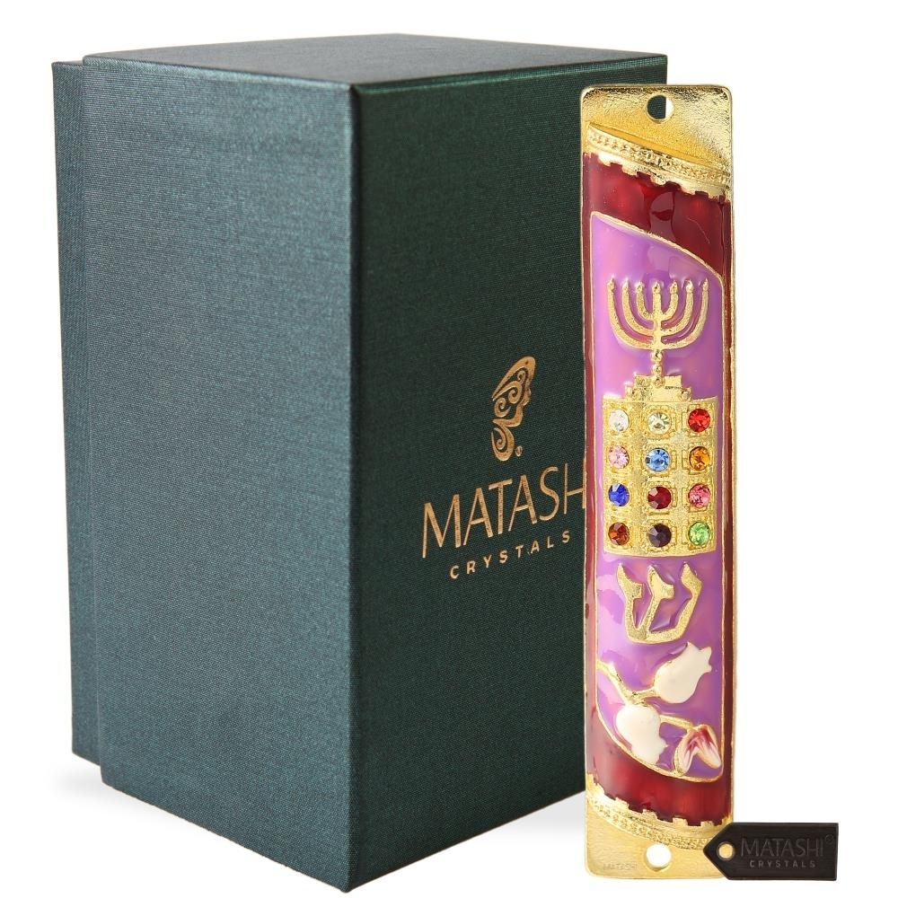 Matashi Hand Painted Enamel Mezuzah Embellished W/ A Menorah And Priestly With Gold Accents And Matashi Crystals