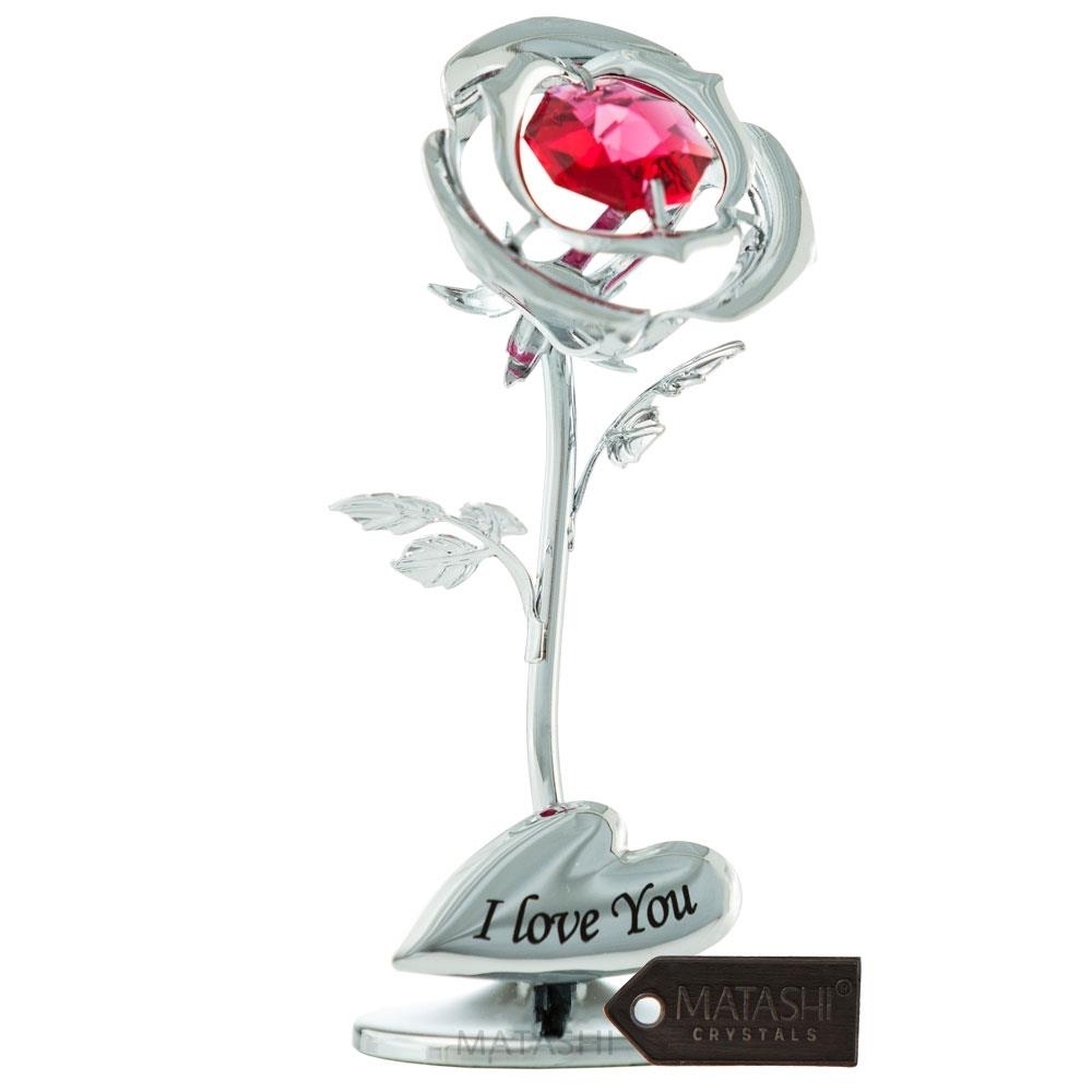Matashi Single Chrome Plated Silver Rose Flower Tabletop Ornament W/ Red Crystals - I Love You Floral Arrangement