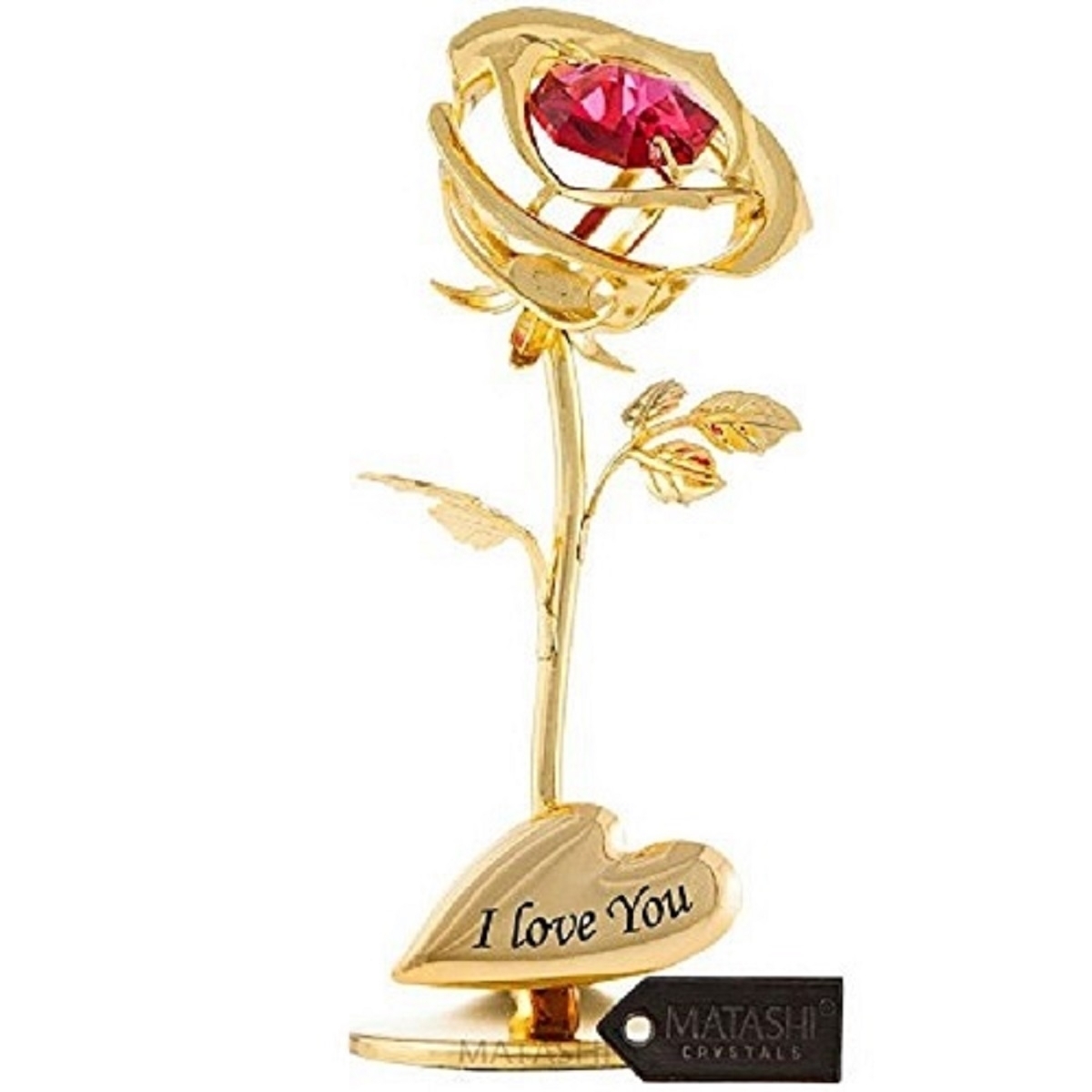 Matashi Single 24k Gold Plated Rose Flower Tabletop Ornament W/ Red Crystals - I Love You! Floral Arrangement