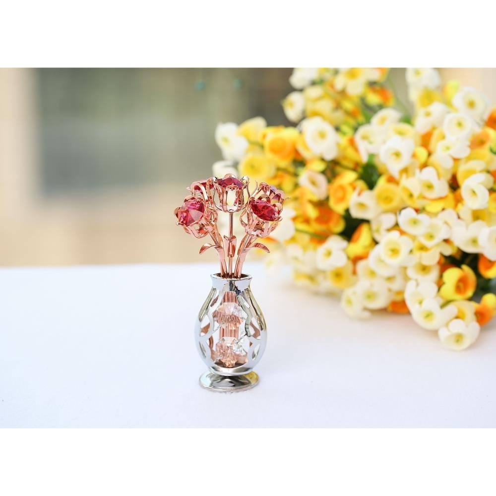 Matashi Rose Gold And Chrome Plated Flowers Bouquet And Vase W/ Red & Clear Crystals , Table Top Decorations